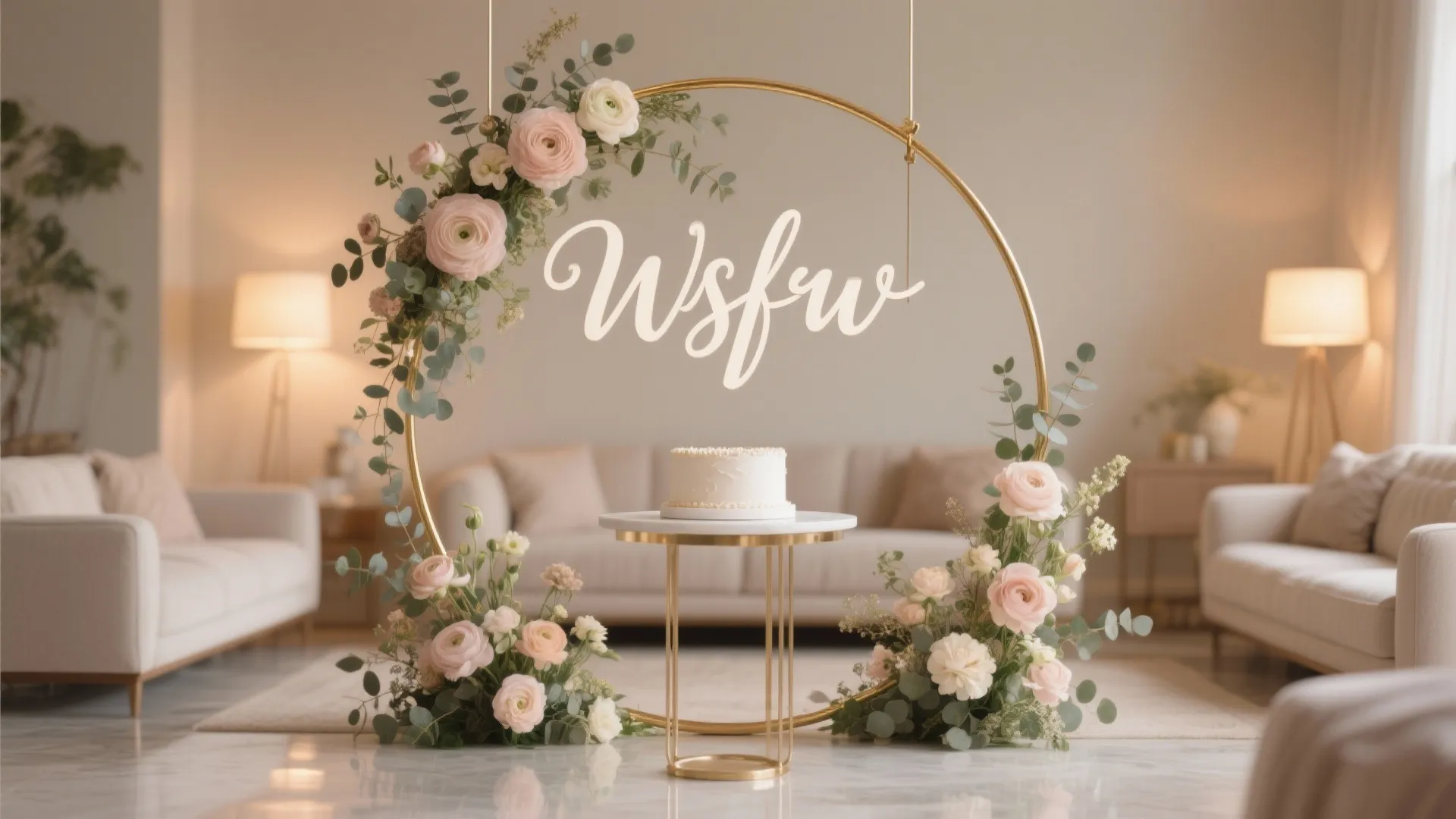 Gold metal floral hoop with pink flowers and script sign above white cake on stand