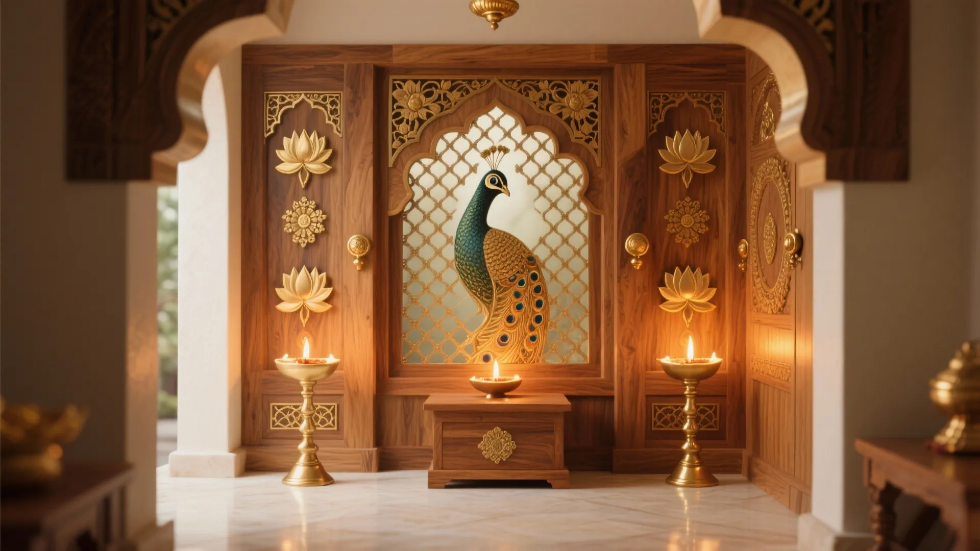 Traditional floral wood jali with satin brass accents and warm diya reflections in a cozy pooja corner.