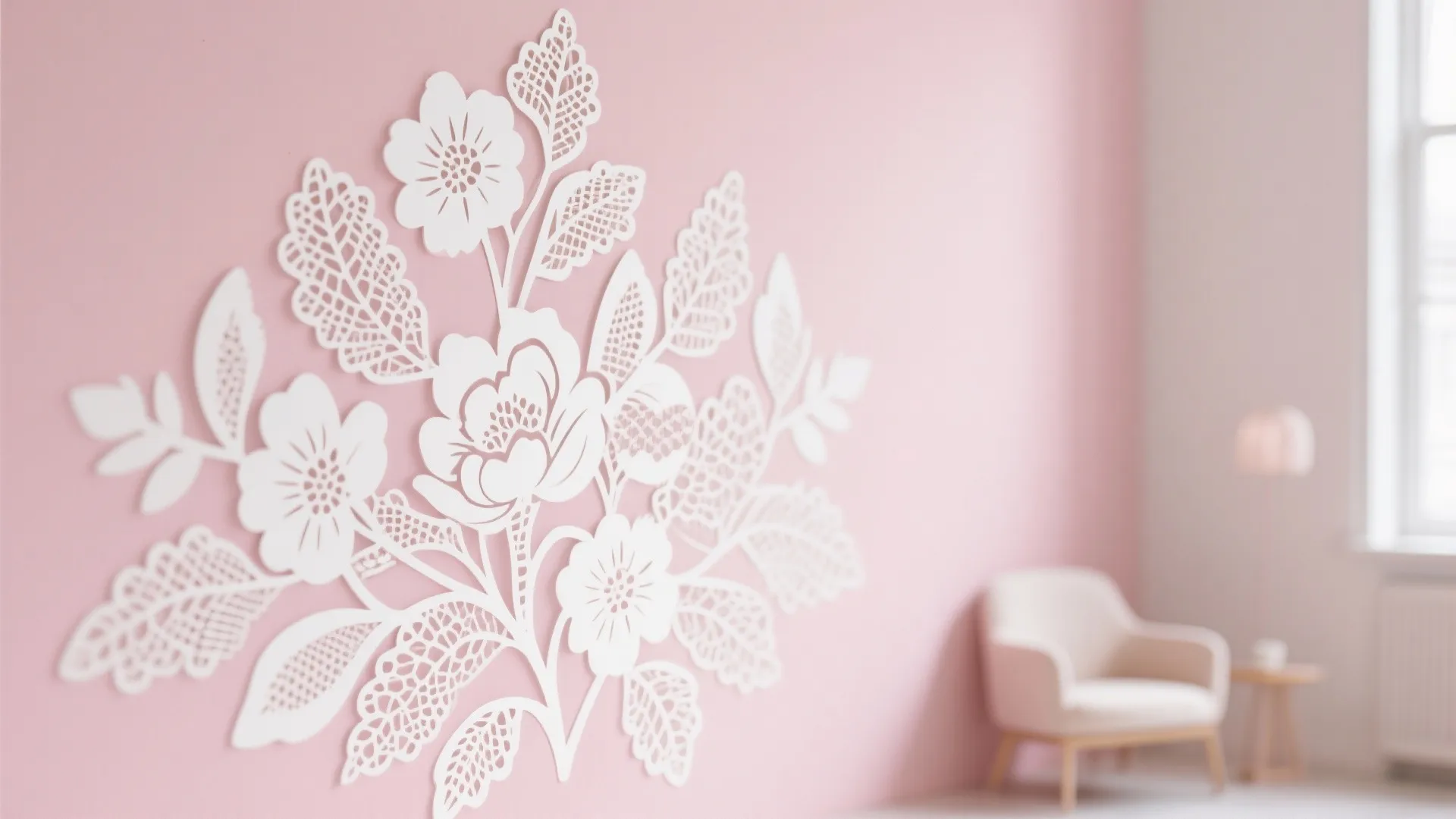 White floral wall decoration on pink background with armchair and side table in the distance view