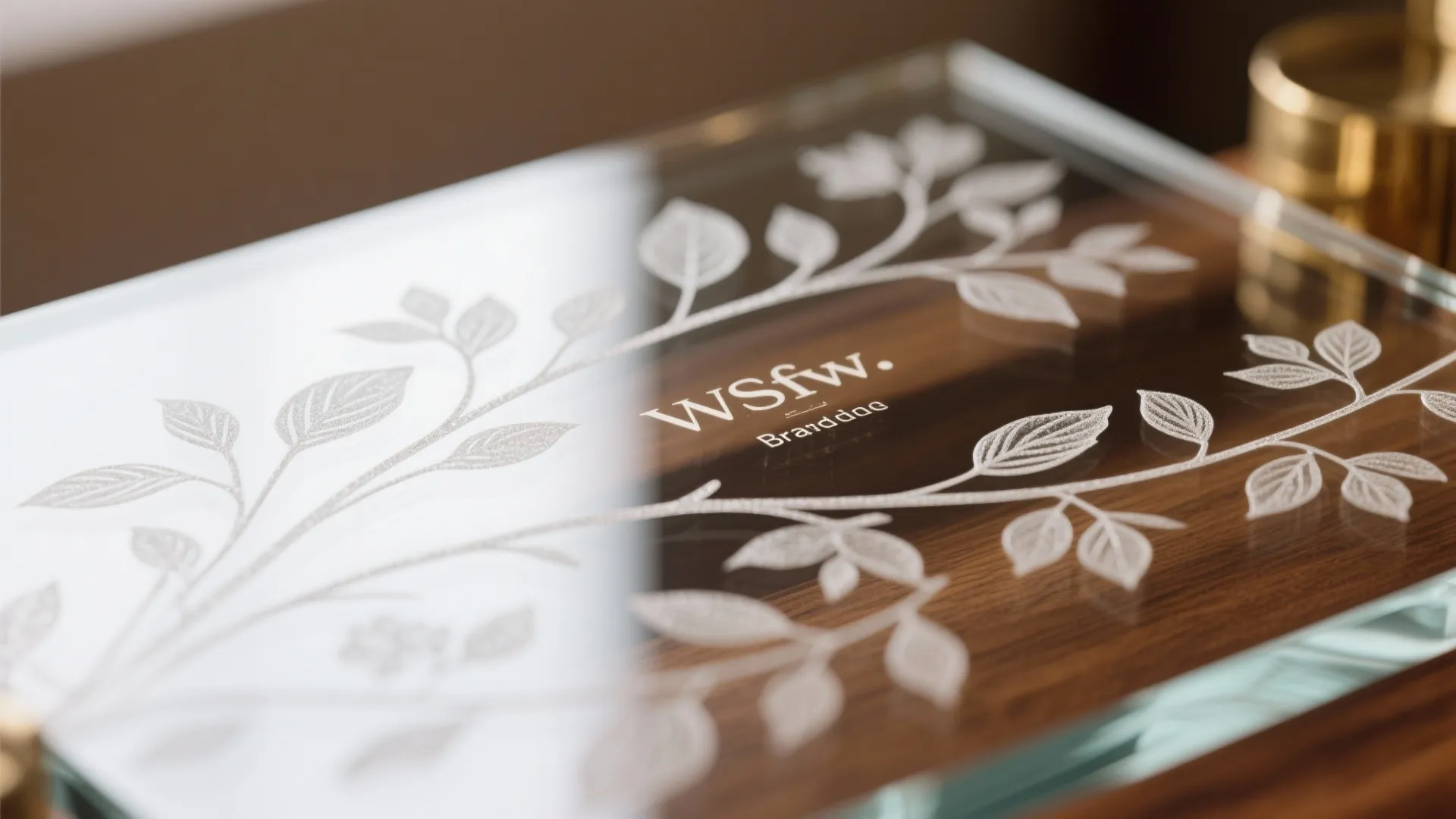 Macro detail of slender floral vine etching with fine petal lines on tempered glass.