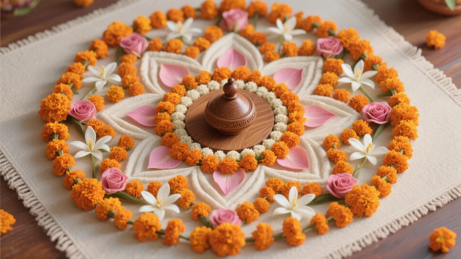 Floral mandala rangoli framing the peeta