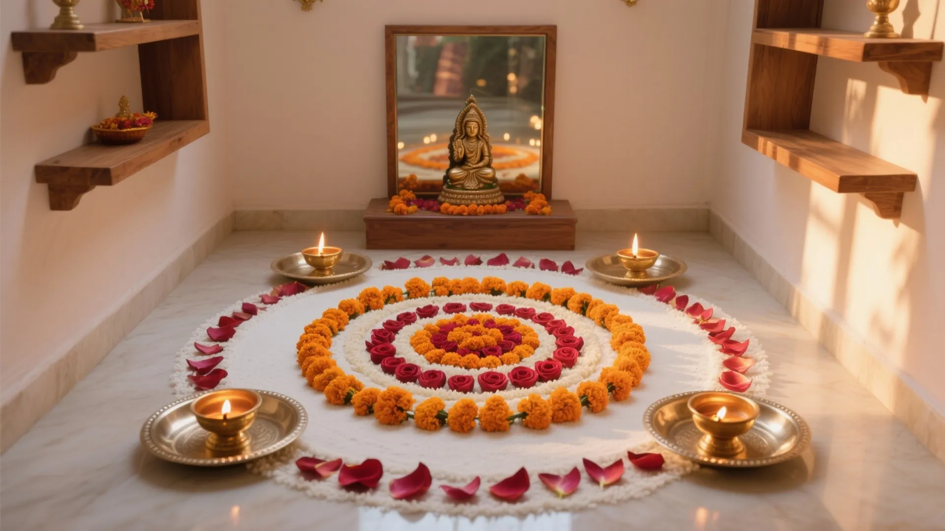 Floral mandala with marigold petals and brass diyas on trays in a small shrine.