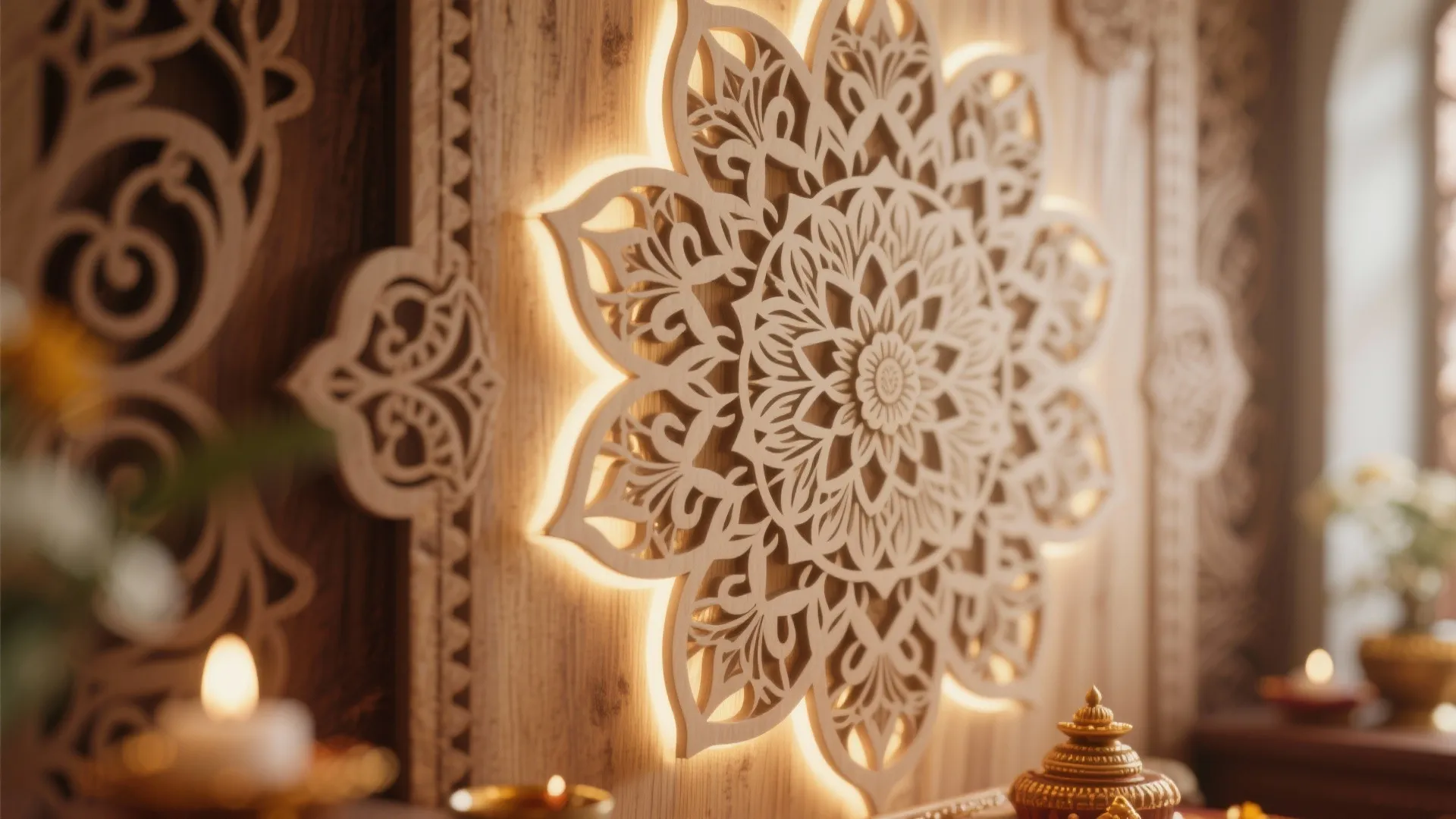 Intricate wooden flower wall carving with soft warm back lighting and golden decorations on table