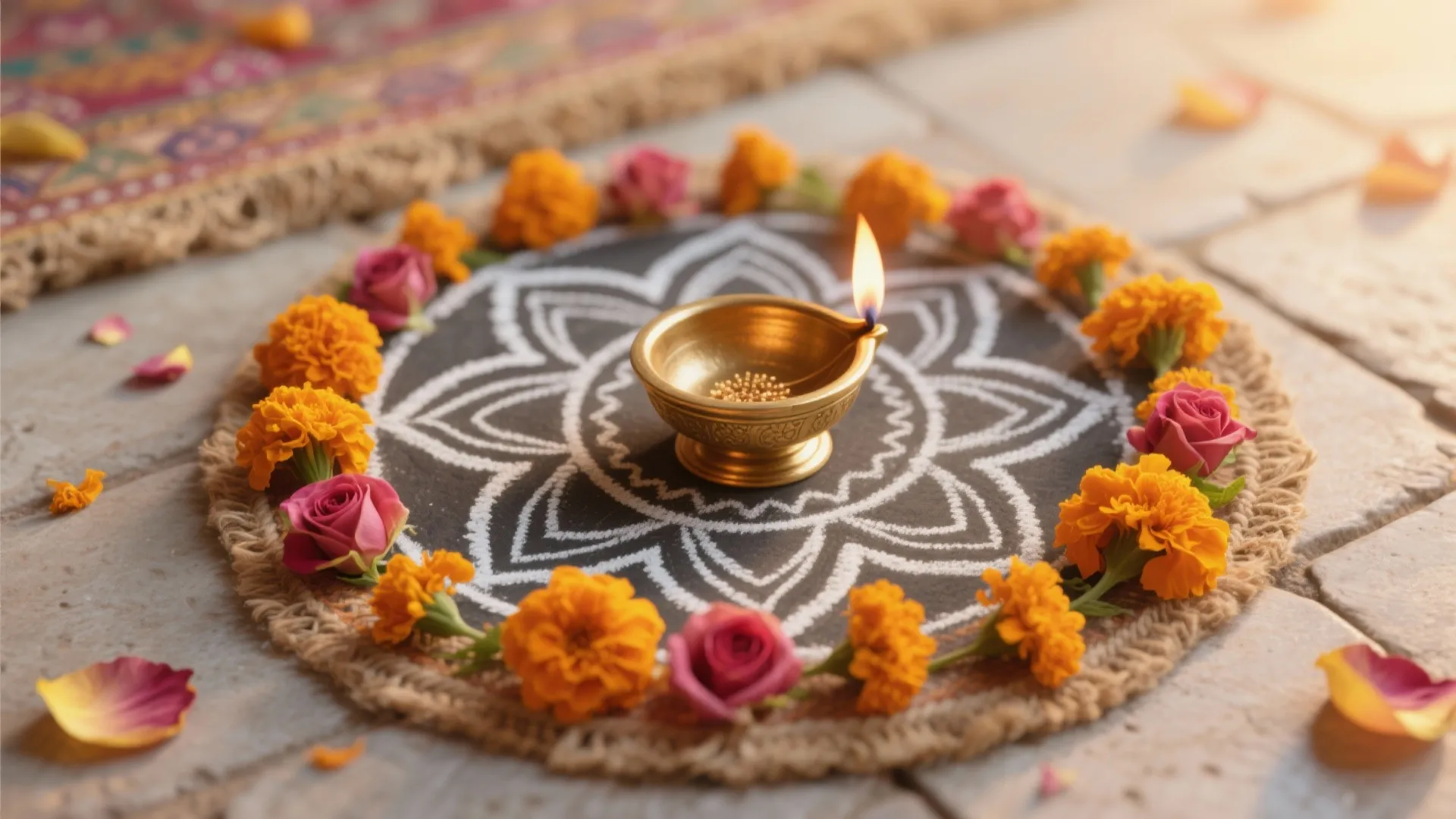 Circular floor pattern decorated with orange and pink flowers featuring a lit brass oil lamp