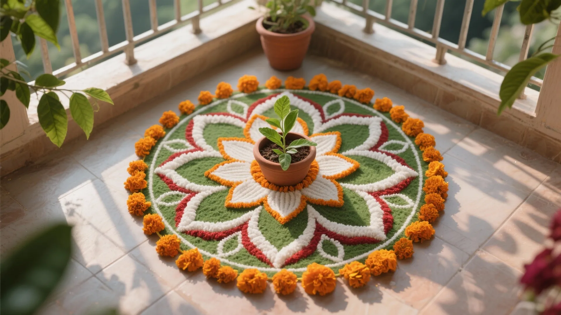 Floral Mandala Around the Tulsi Pot