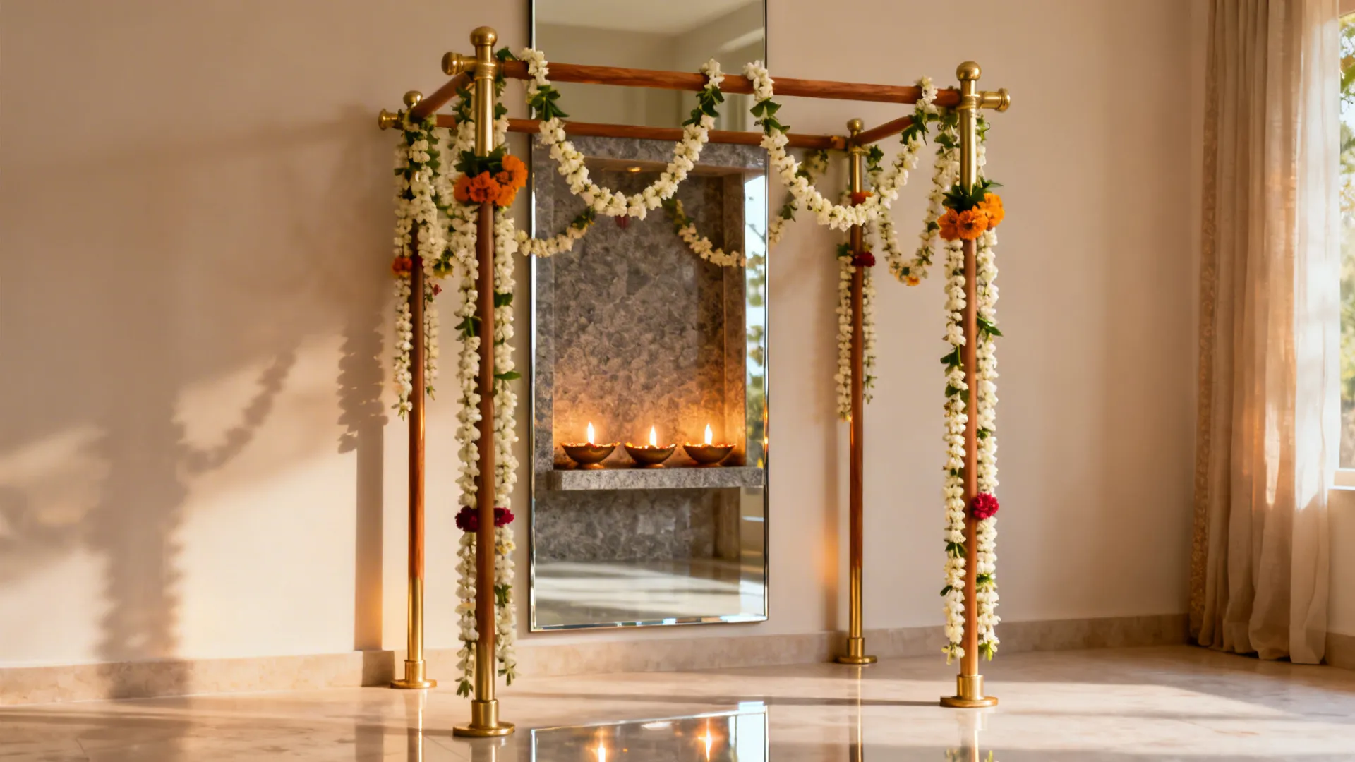 Slim brass mandap frame with jasmine strings and a thin mirror backdrop enhancing candlelight.