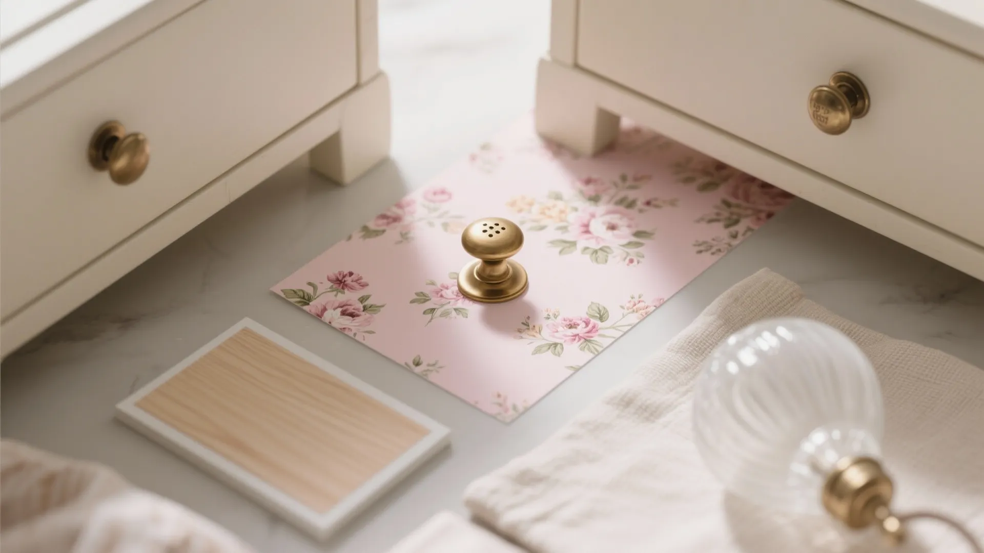 Pink floral wallpaper sample placed under white drawers with gold handles and glass light fixture