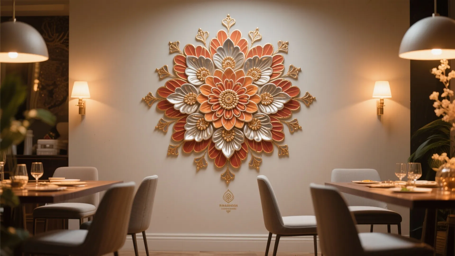Dining room with large flower wall art piece above tables with chairs and ceiling lights