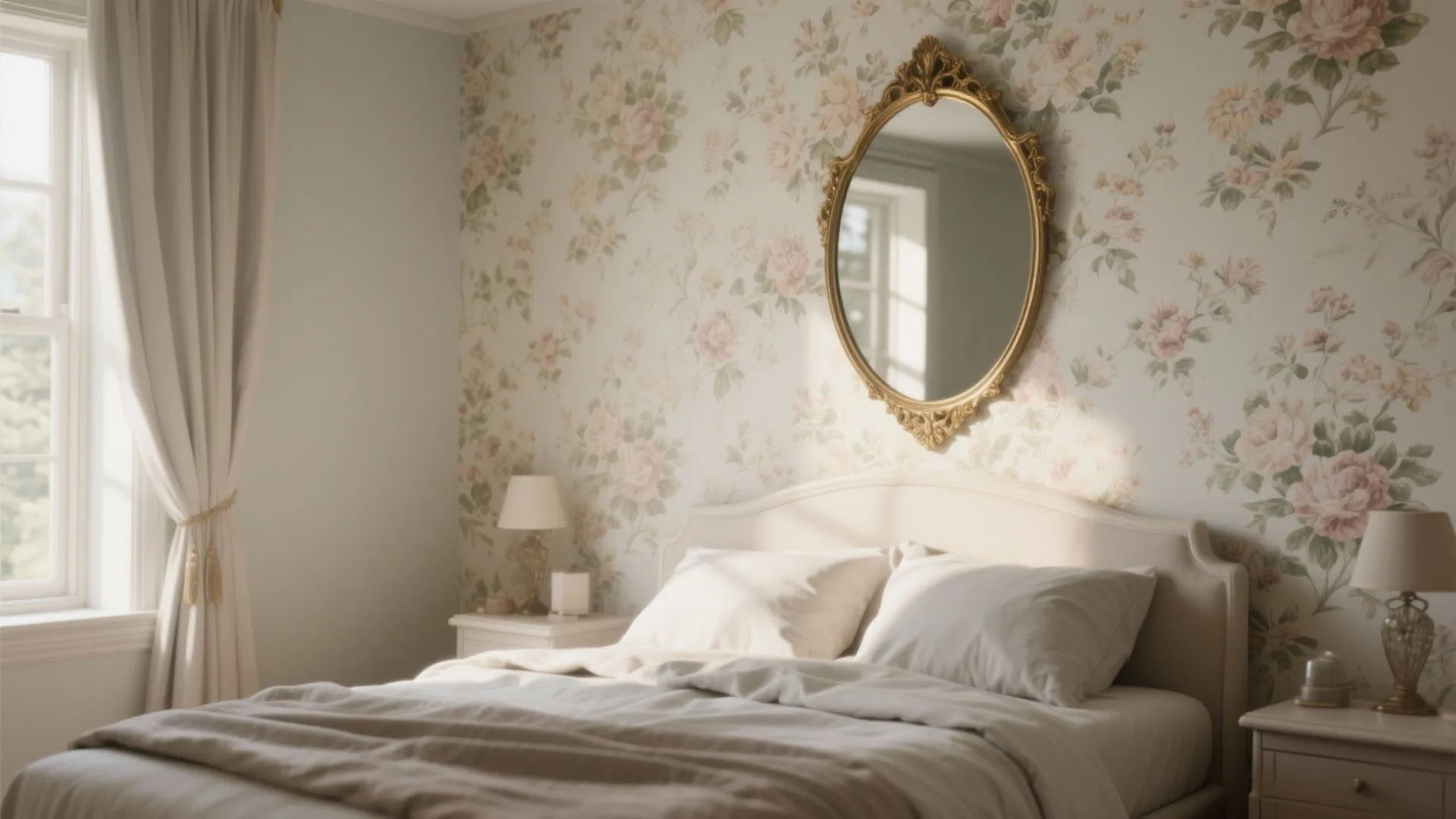 Bedroom with a soft floral wallpaper accent wall and a gilded oval mirror reflecting daylight over a simple linen-dressed bed.