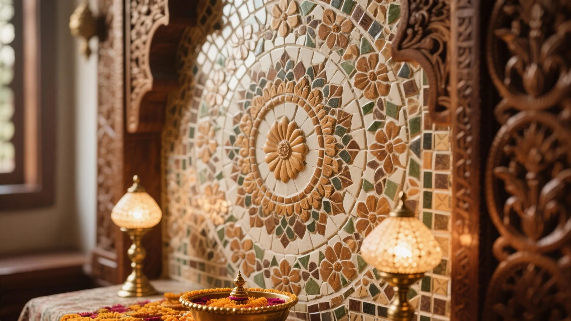 Intricate floral mosaic wall tiles with decorative small lights and flower petals on a prayer table