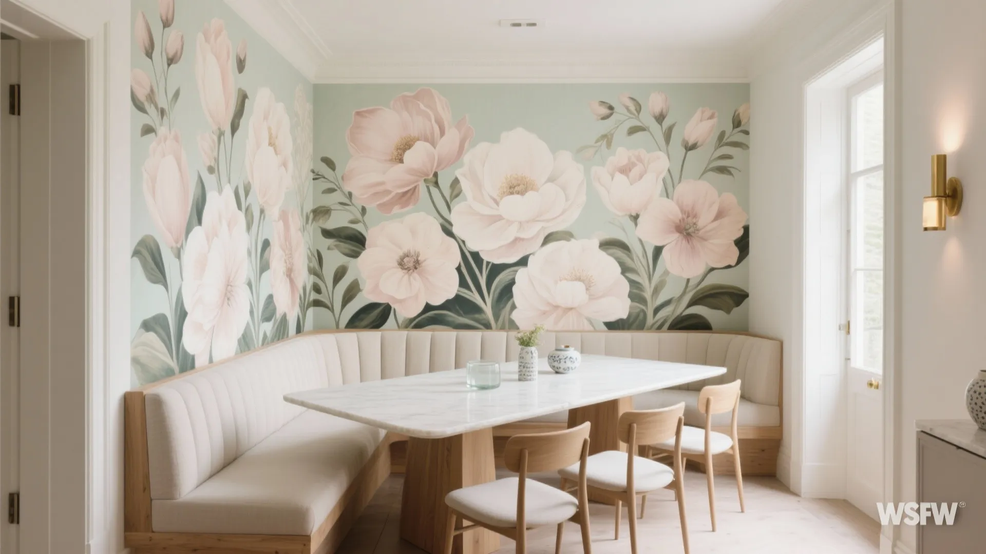 Dining area with large floral wallpaper, white marble table, cream bench seating, and wooden chairs