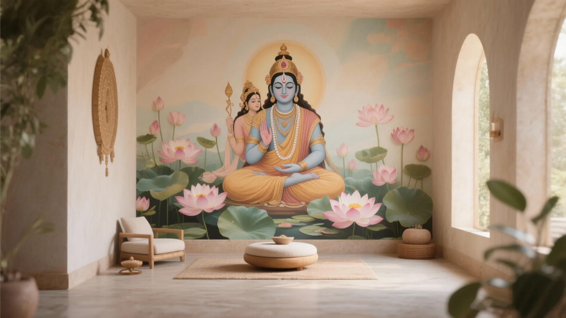 Murals with Floral Motifs Surrounding Radha Krishna