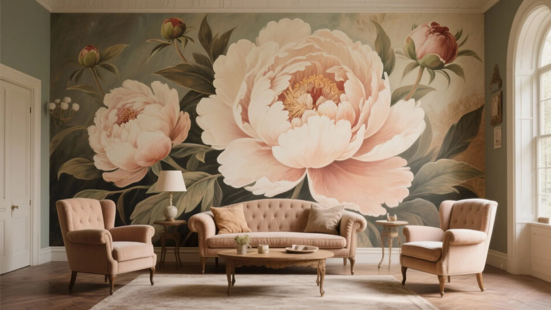 Vintage living room with oversized peony floral mural