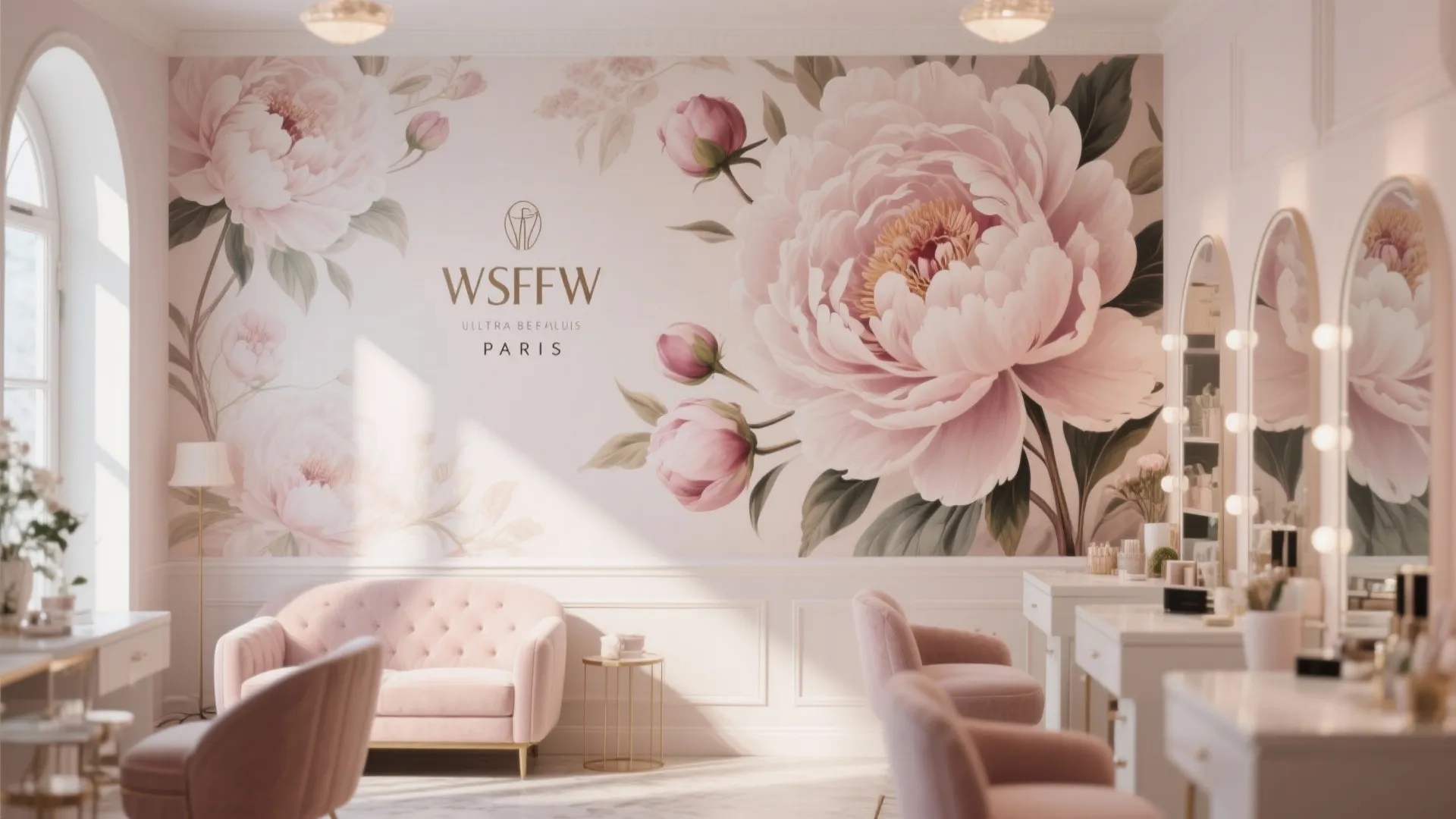 Pink room with large floral wall mural pink sofa and white makeup table with mirrors