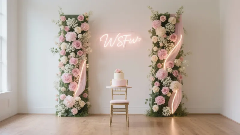 Romantic Floral Event Backdrop with Neon Sign