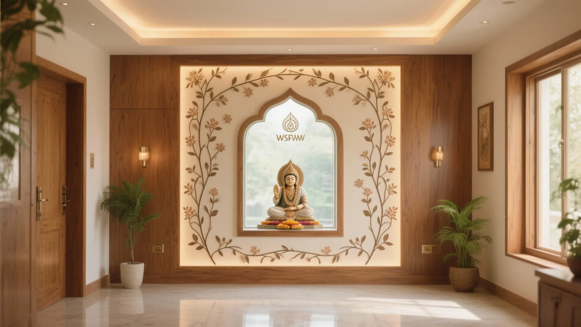 Delicate floral vine etched glass framing a clear central niche in a warm wood pooja panel.