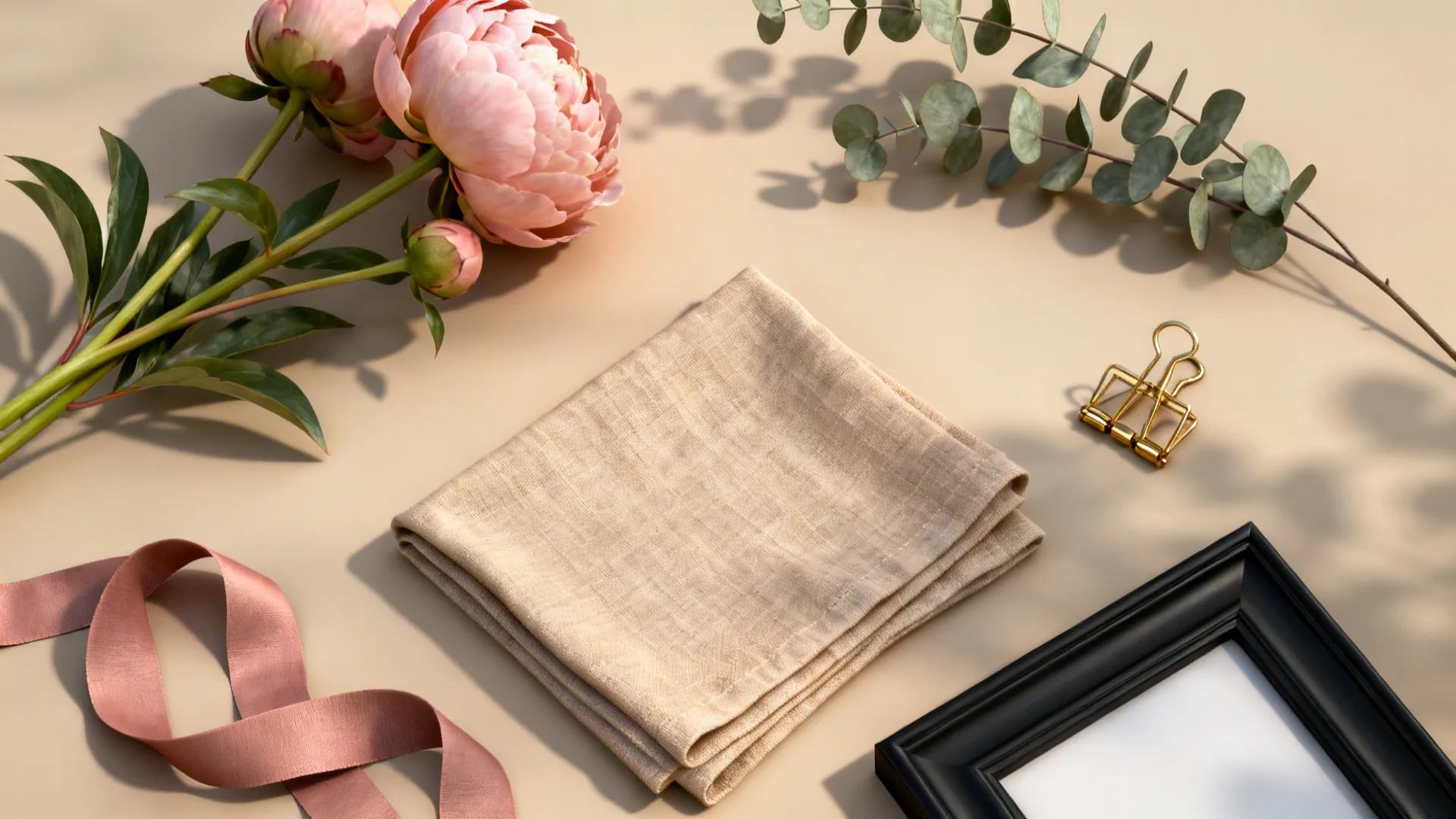 Flat lay of blush peonies, eucalyptus, dusty-rose ribbon, brass clips, and linen napkins.