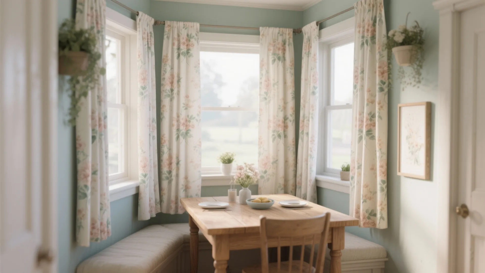 Small dining nook with delicate floral pattern curtains