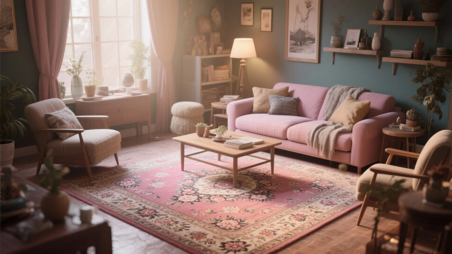 Cozy living room with floral pink rug wood coffee table pink sofa and natural window light