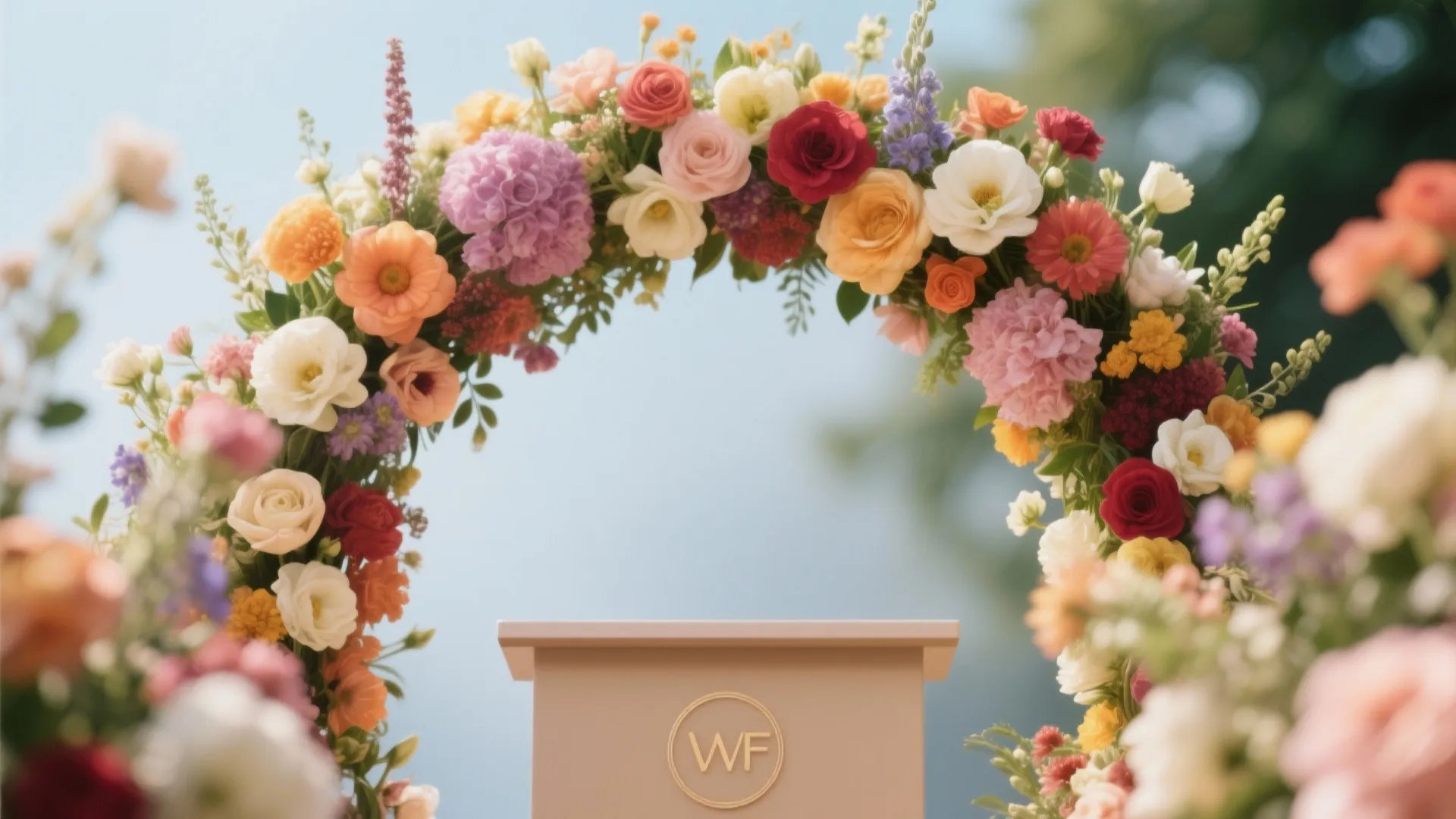A small brown stand framed by a large arch of colorful pink red yellow flowers