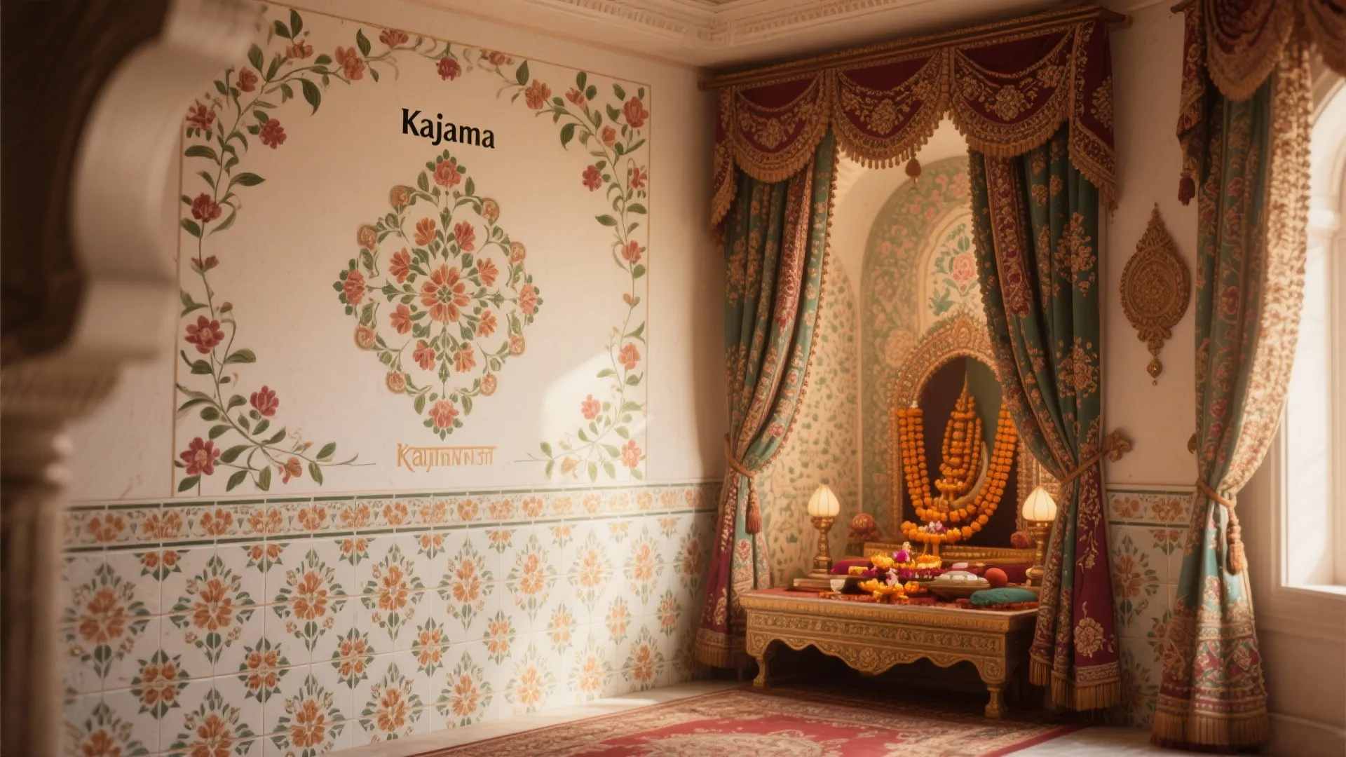Elegant prayer room with floral wall patterns green curtain and small altar on wooden table