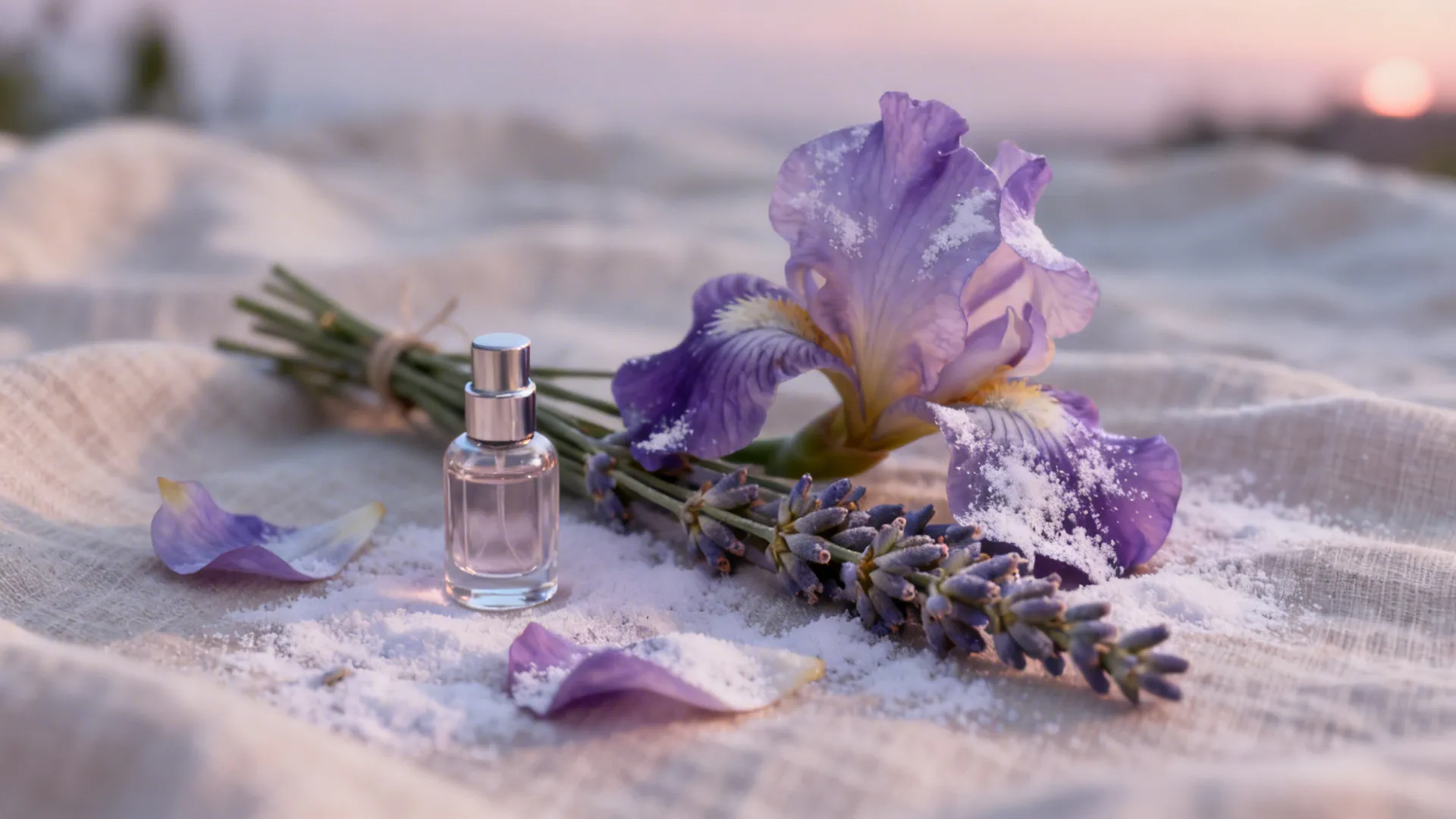 Small perfume bottle with purple iris flower lavender sprigs and white powder on light linen cloth