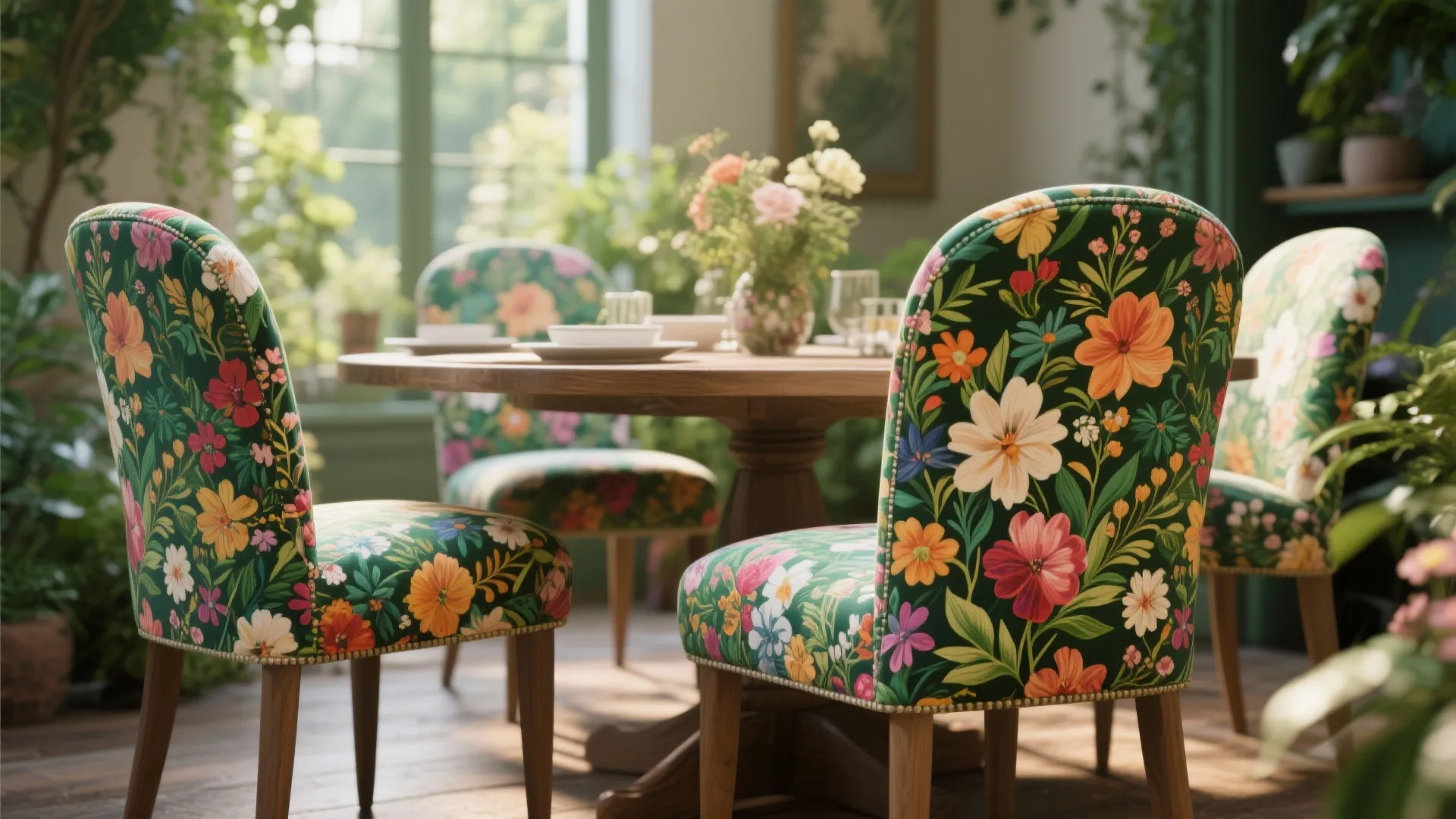 Round wooden dining table with chairs featuring green floral patterns in a bright sunny room