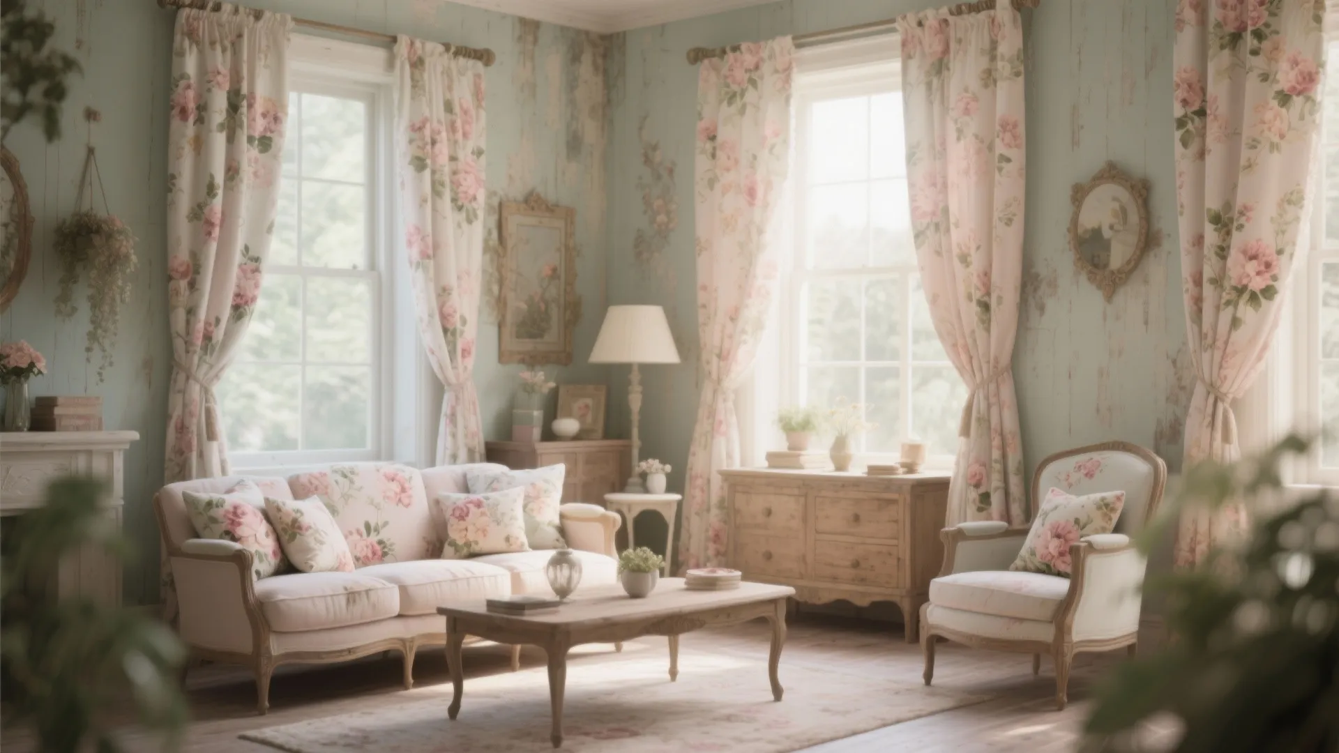 Living room with floral cushions and curtains in shabby chic style