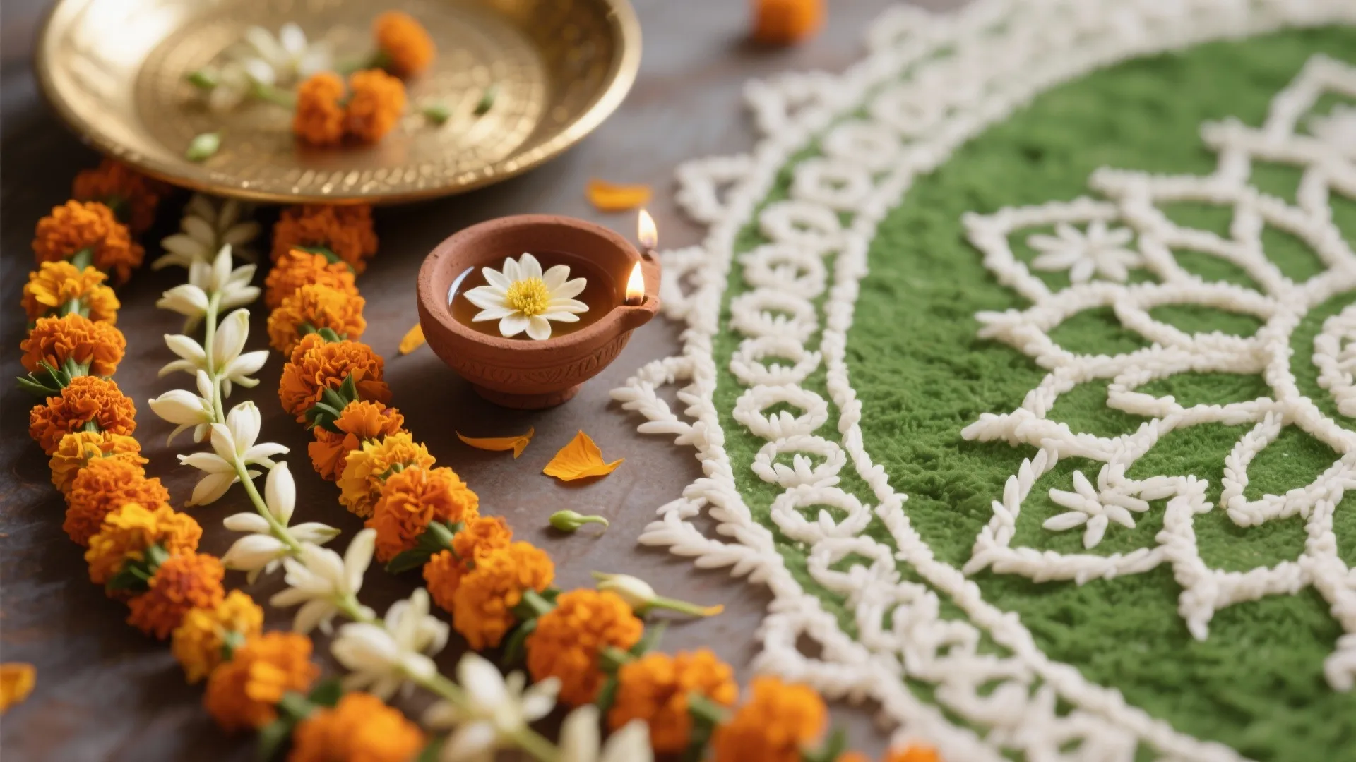 Flowers, rangoli, and nature-forward accents