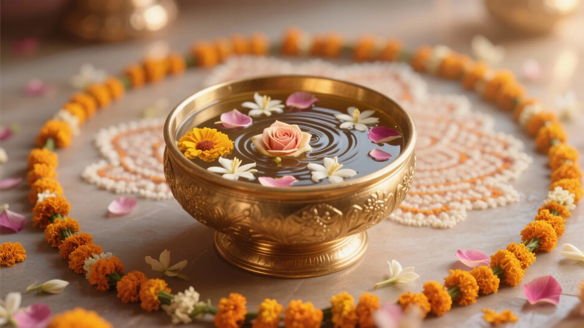 Floral Rangoli & Brass Highlights (Marigold, Jasmine, Rose)