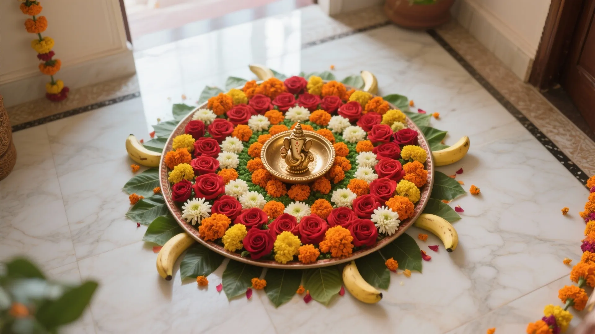 Floral rangoli with leaf borders