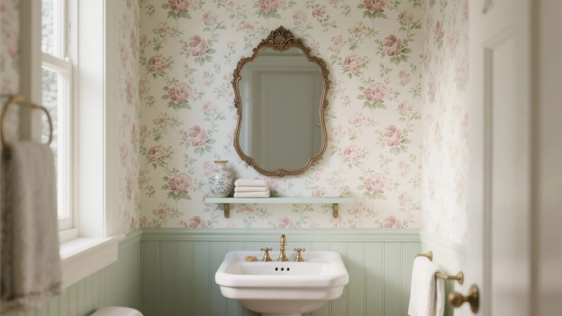 Vintage bathroom with pink rose wallpaper green wall panel white sink and gold mirror frame