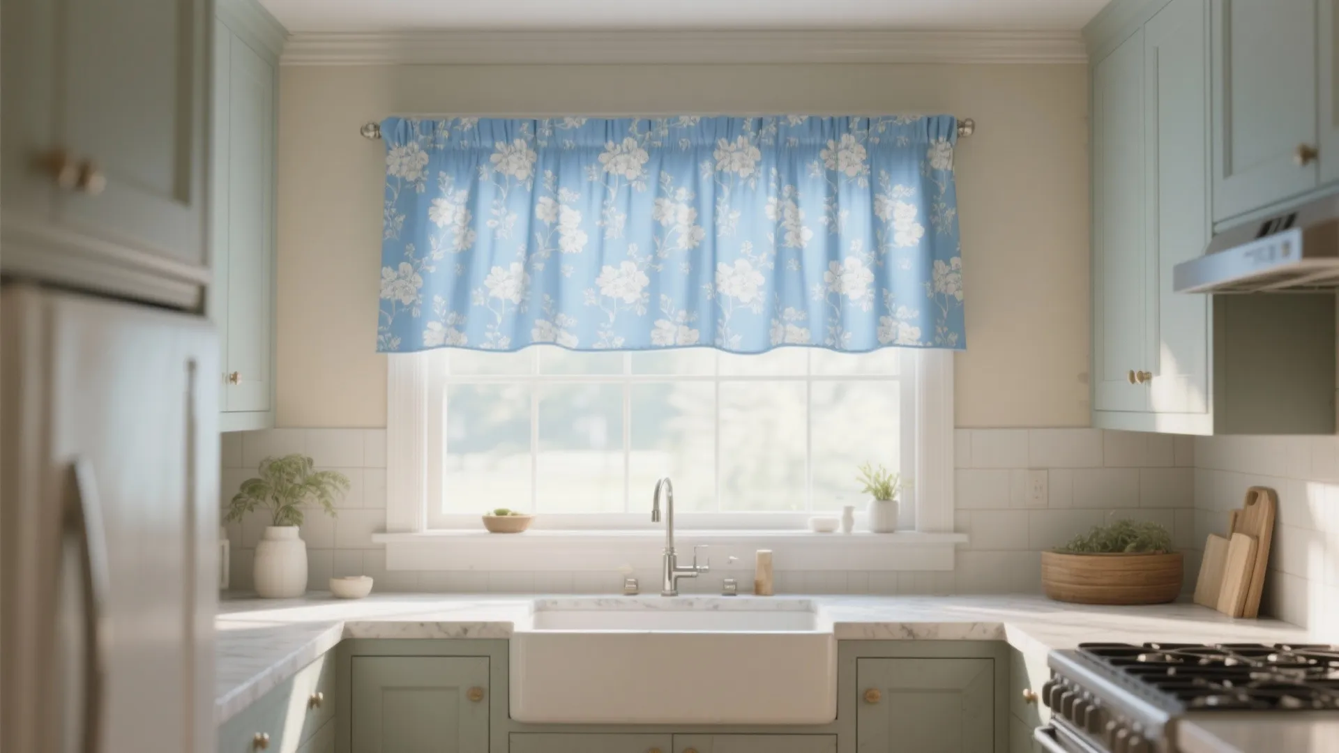 Modern kitchen with green cabinets white sink and blue floral curtain above the large window