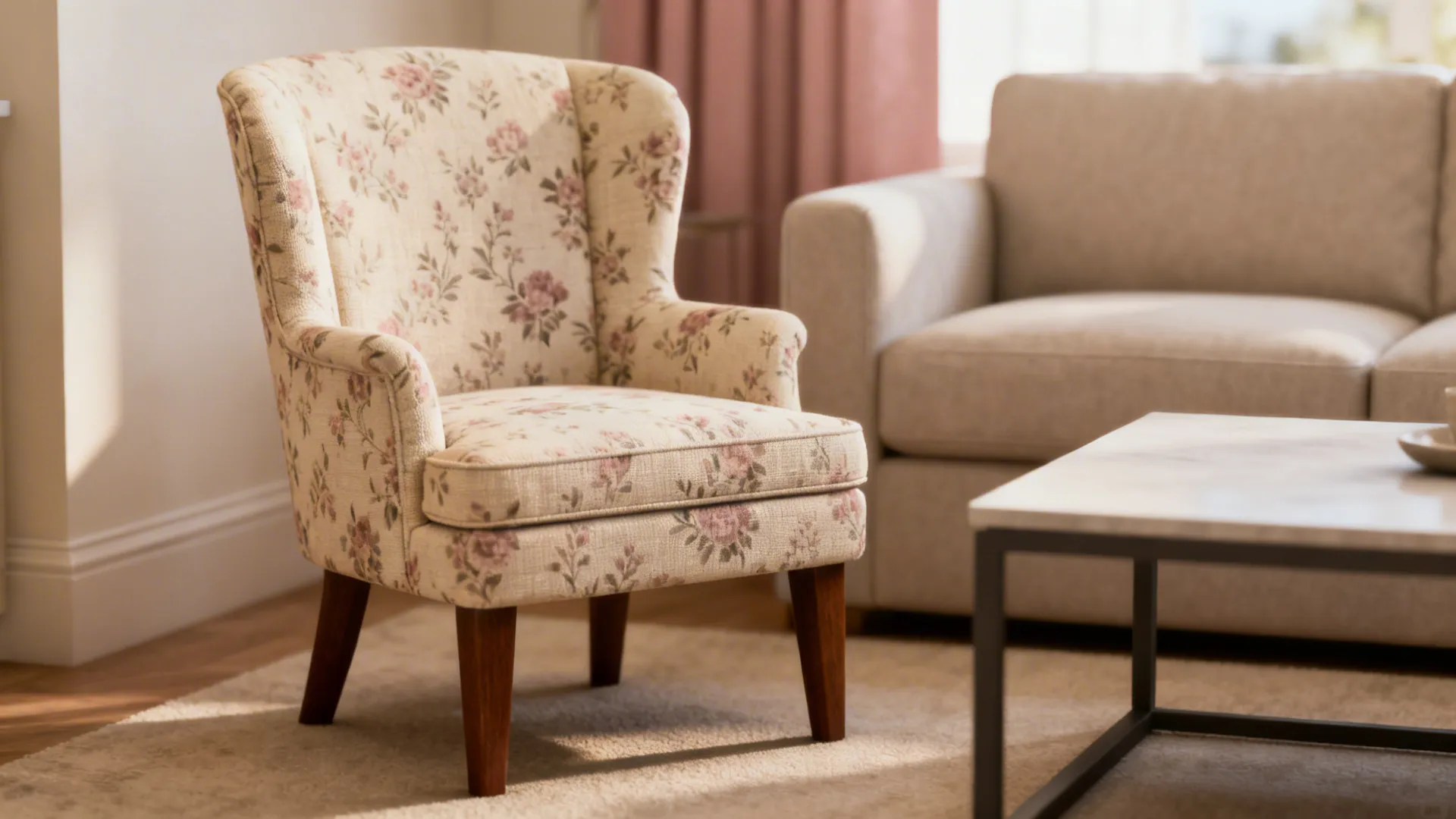 Close-up of a small-scale floral upholstered accent chair fabric and wooden leg in a neutral living room