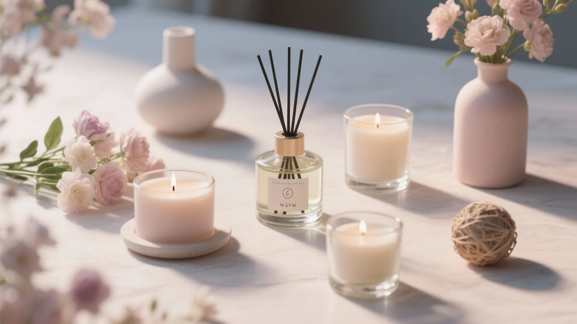 Fragrance reed diffuser with sticks next to burning scented candles and pink flowers on marble