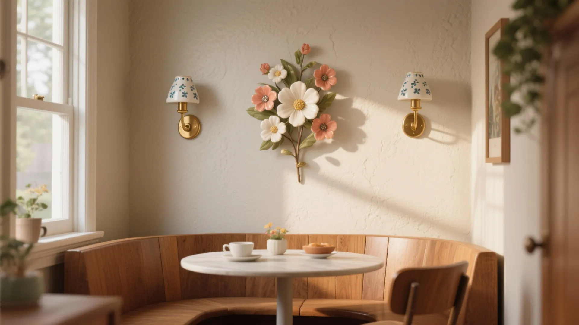 Wooden dining nook with marble table flower wall art and two floral patterned wall lights