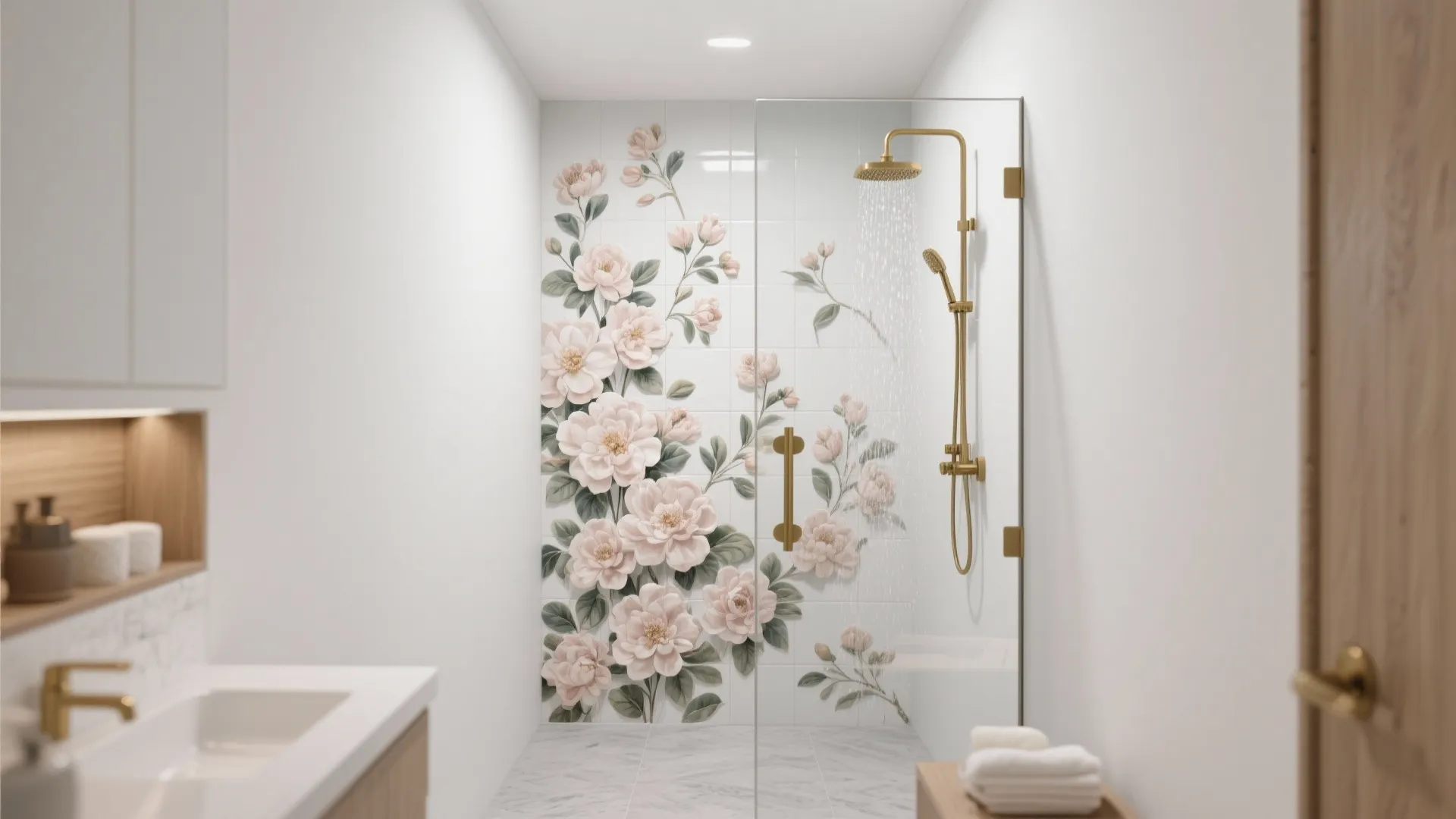 Bold Floral Feature Wall in the Shower