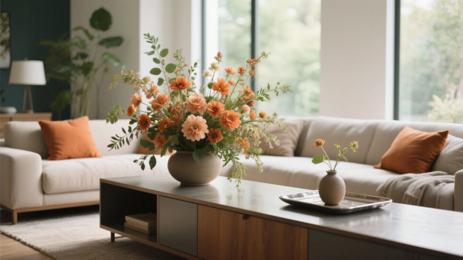 Bright living room featuring beige sofa orange cushions and orange flowers on modern coffee table
