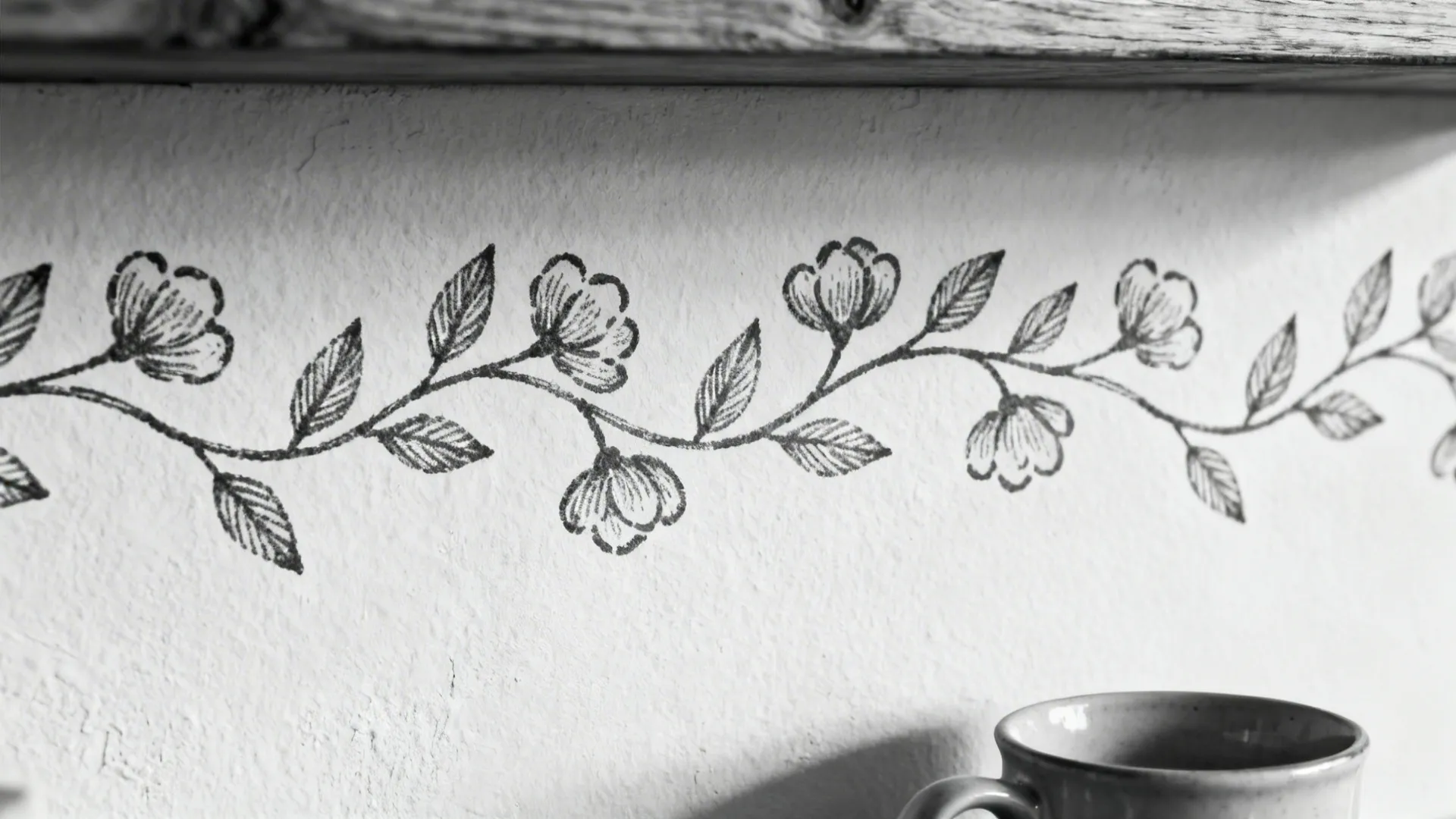 Close-up of a single-tone floral stencil with hand-drawn stems on a matte wall.