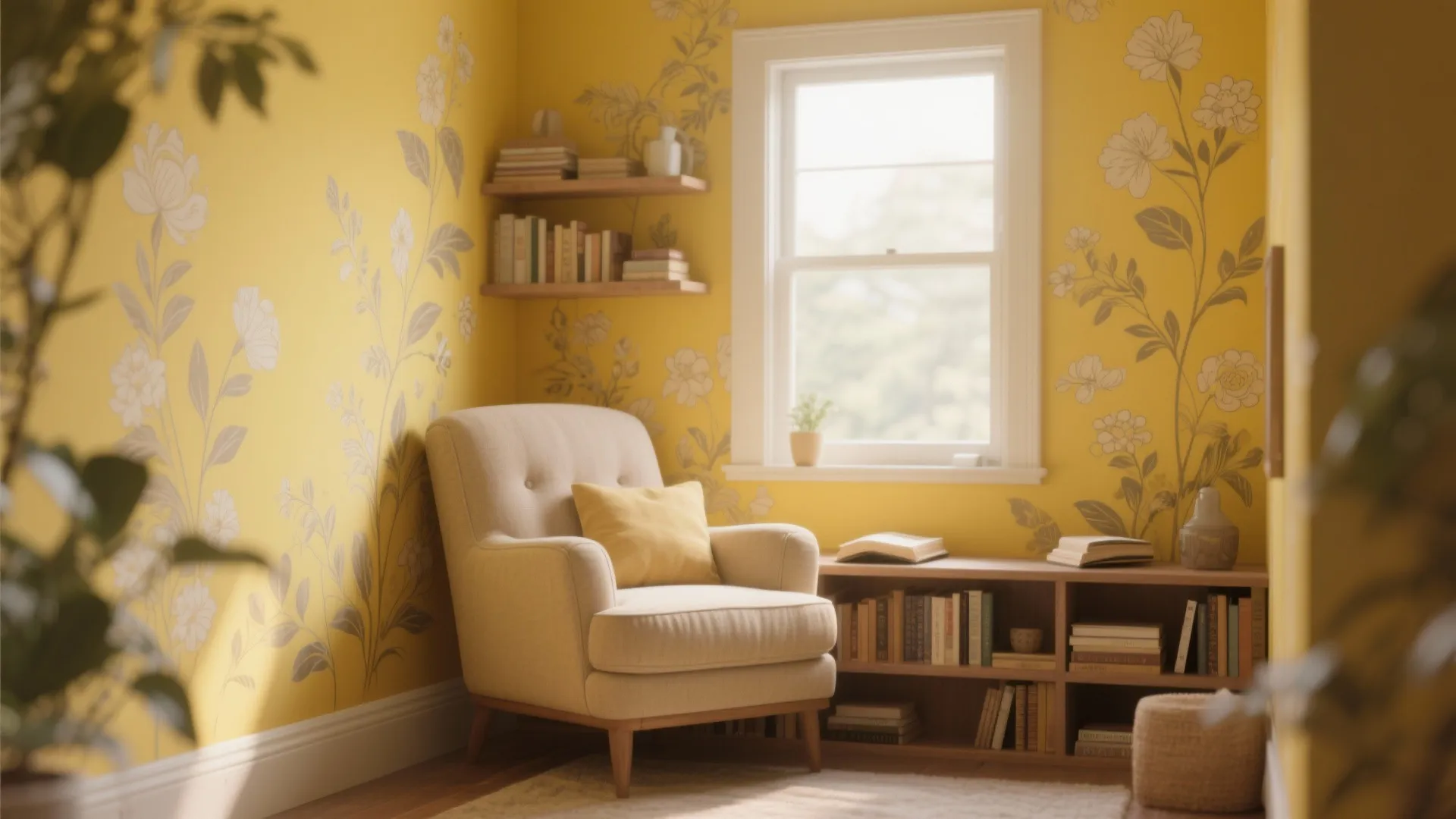 Cozy reading corner with yellow floral wall white armchair wooden bookshelf window and natural sunlight effect
