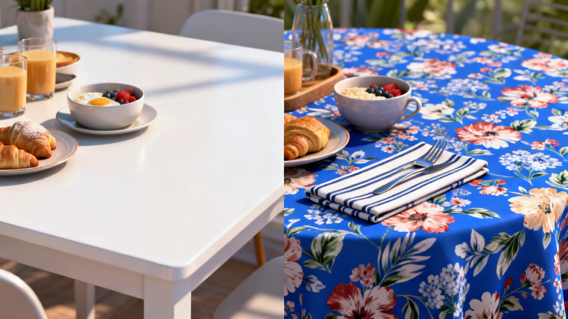 Before-and-after of a breakfast corner with floral tablecloth and striped napkins