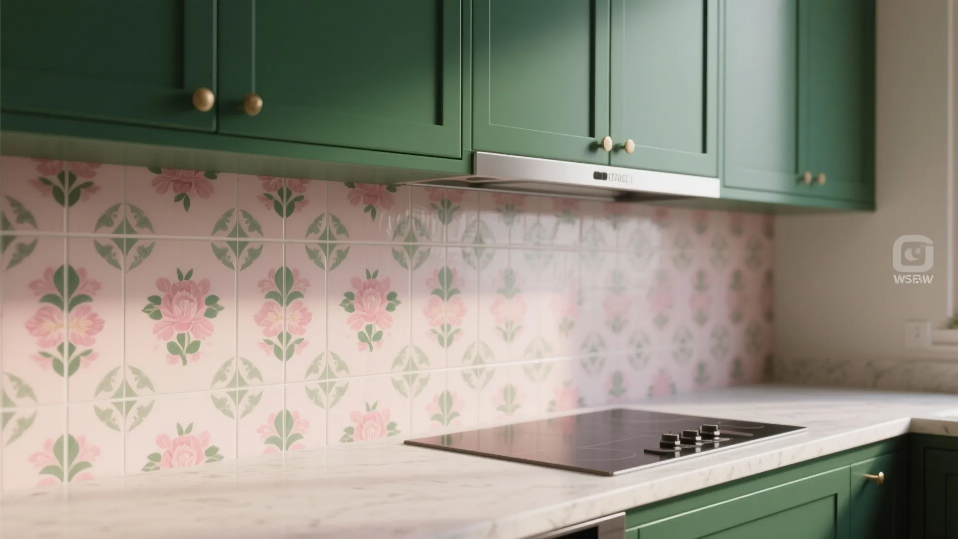 3. Pattern Play: Floral Tiles and Solid Green Lower Cabinets