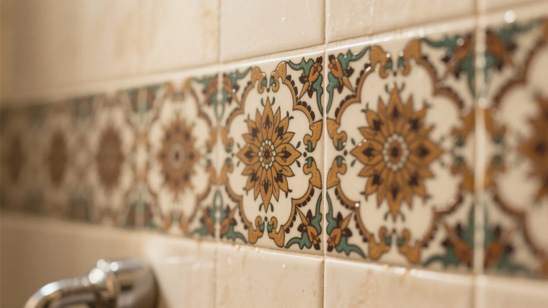 Close up of decorative wall tiles with brown and yellow floral patterns in a bathroom
