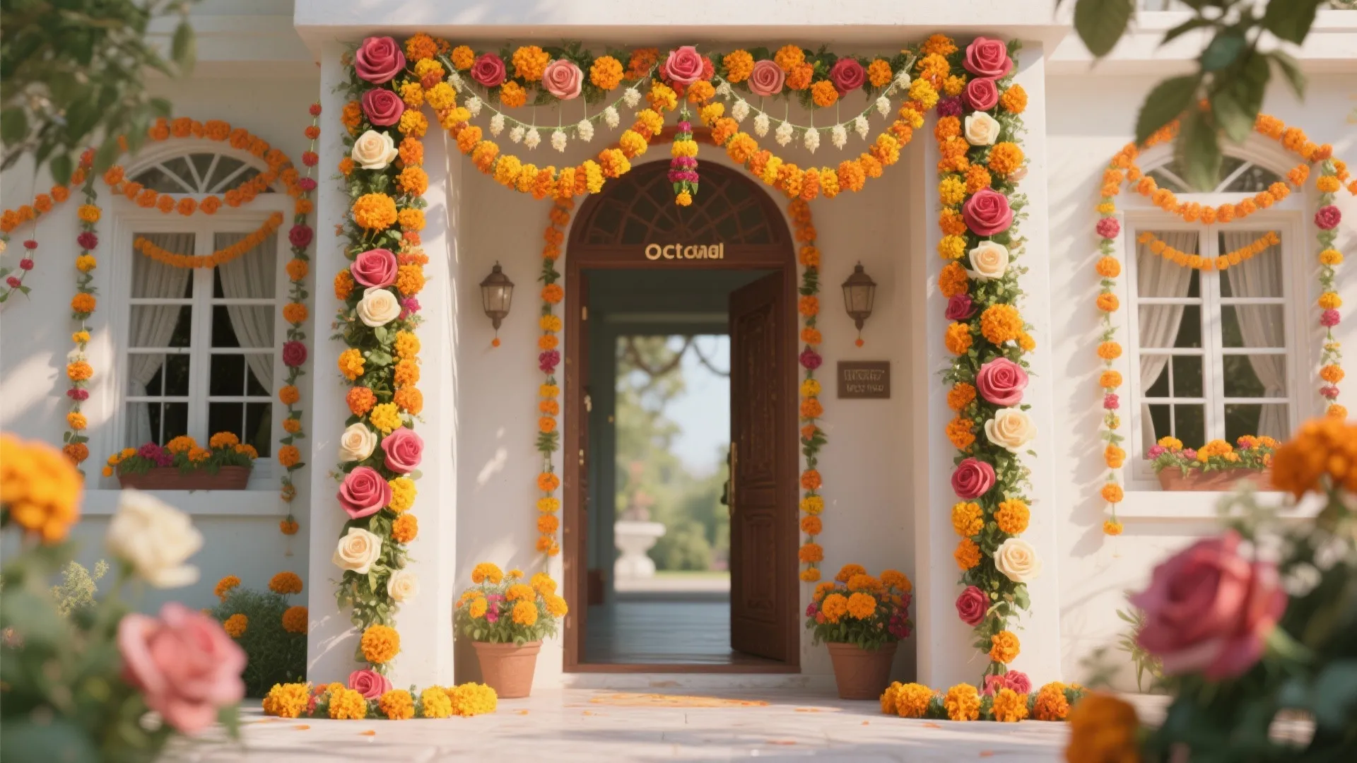 Marigold and rose floral torans at stage entrance