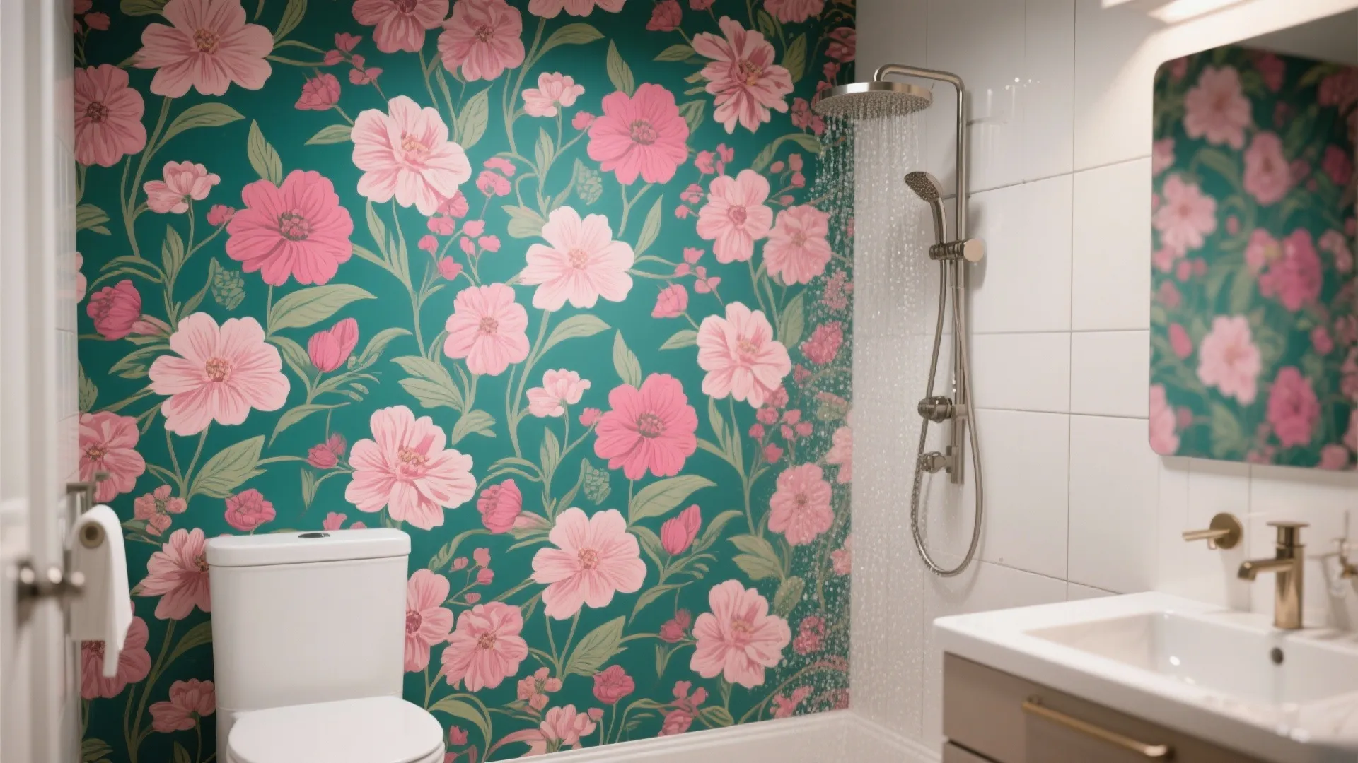 3. Floral or Graphic Wallpaper — But Moisture-Safe