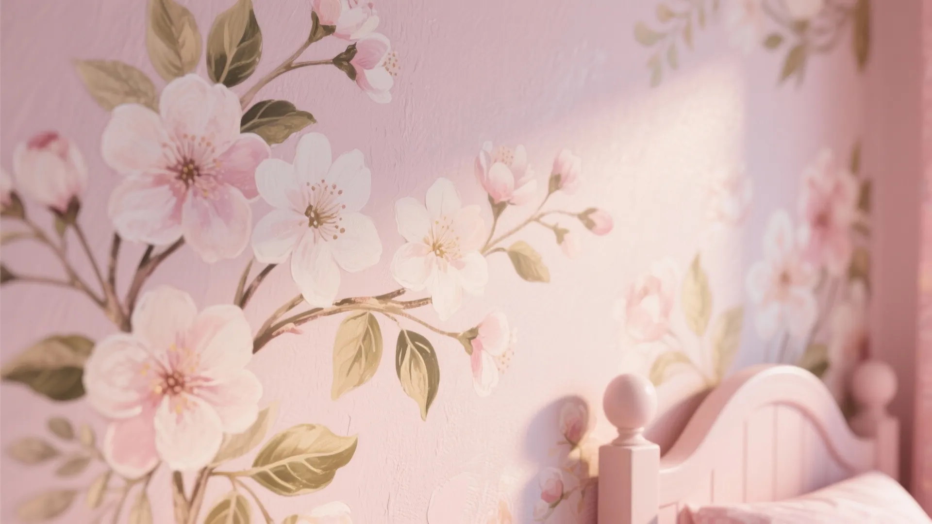 Close up of pink floral wall mural with white blossoms and green leaves in a bedroom
