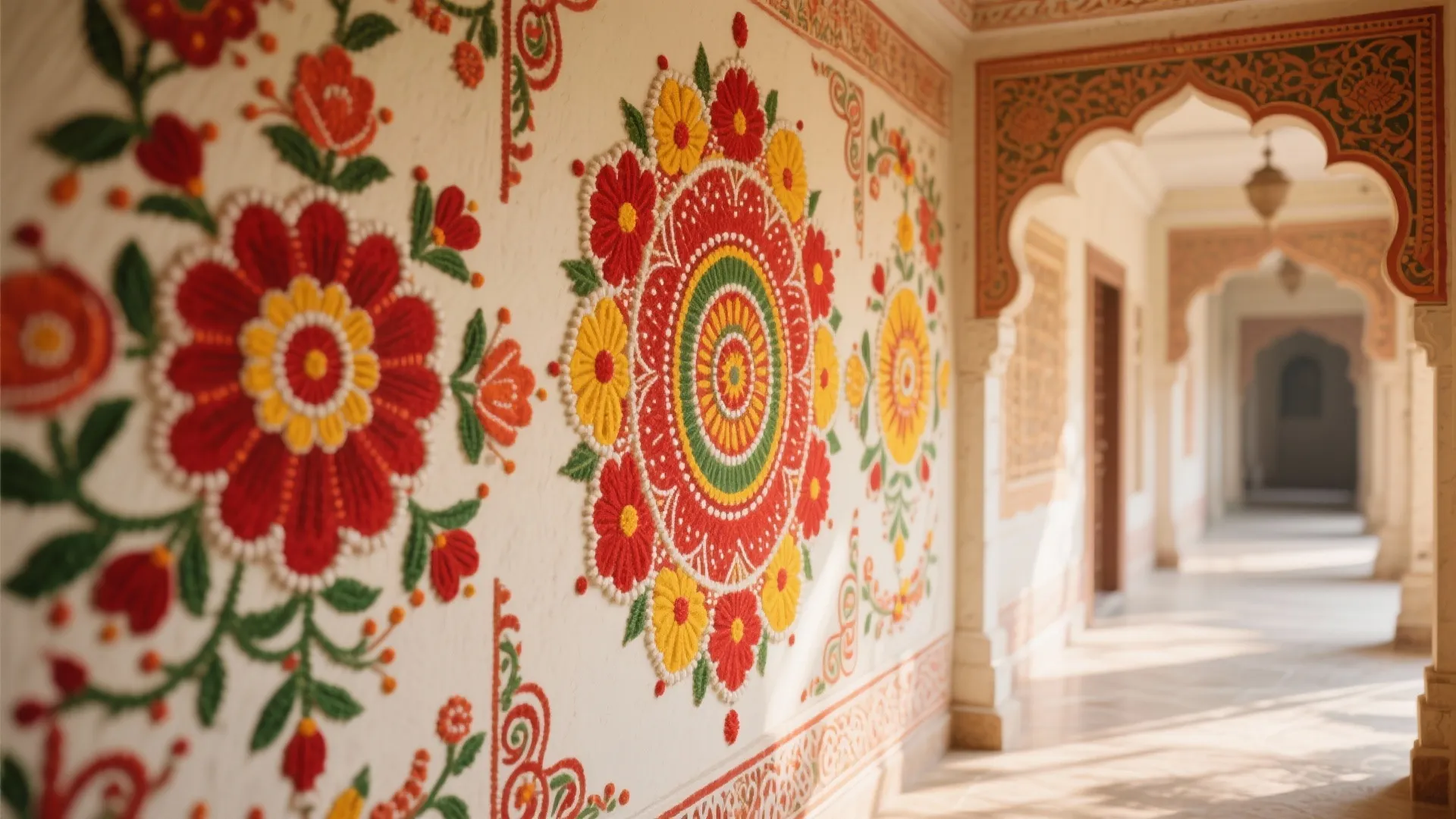 Red and yellow floral wall patterns decorate a long white hallway with traditional interior arches