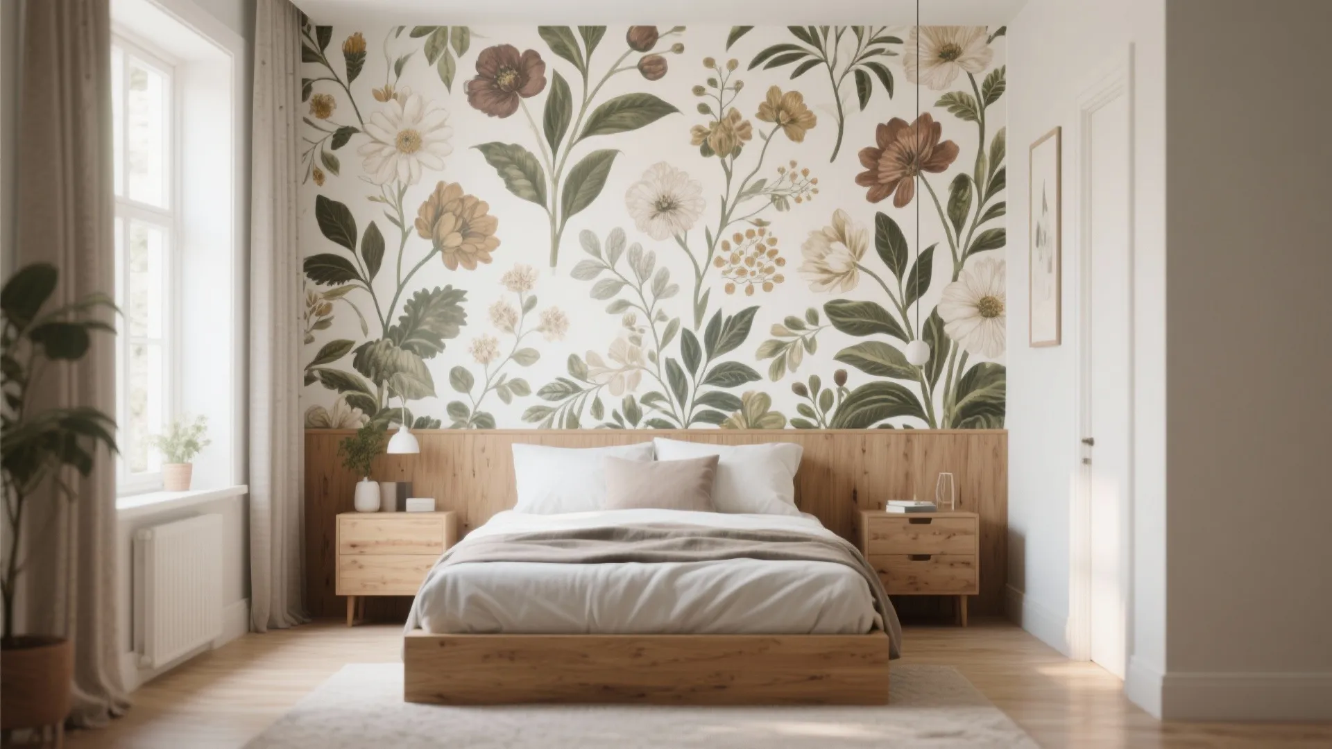 Cozy bedroom with floral pattern wallpaper, wooden bed frame, matching nightstands, and soft room lighting