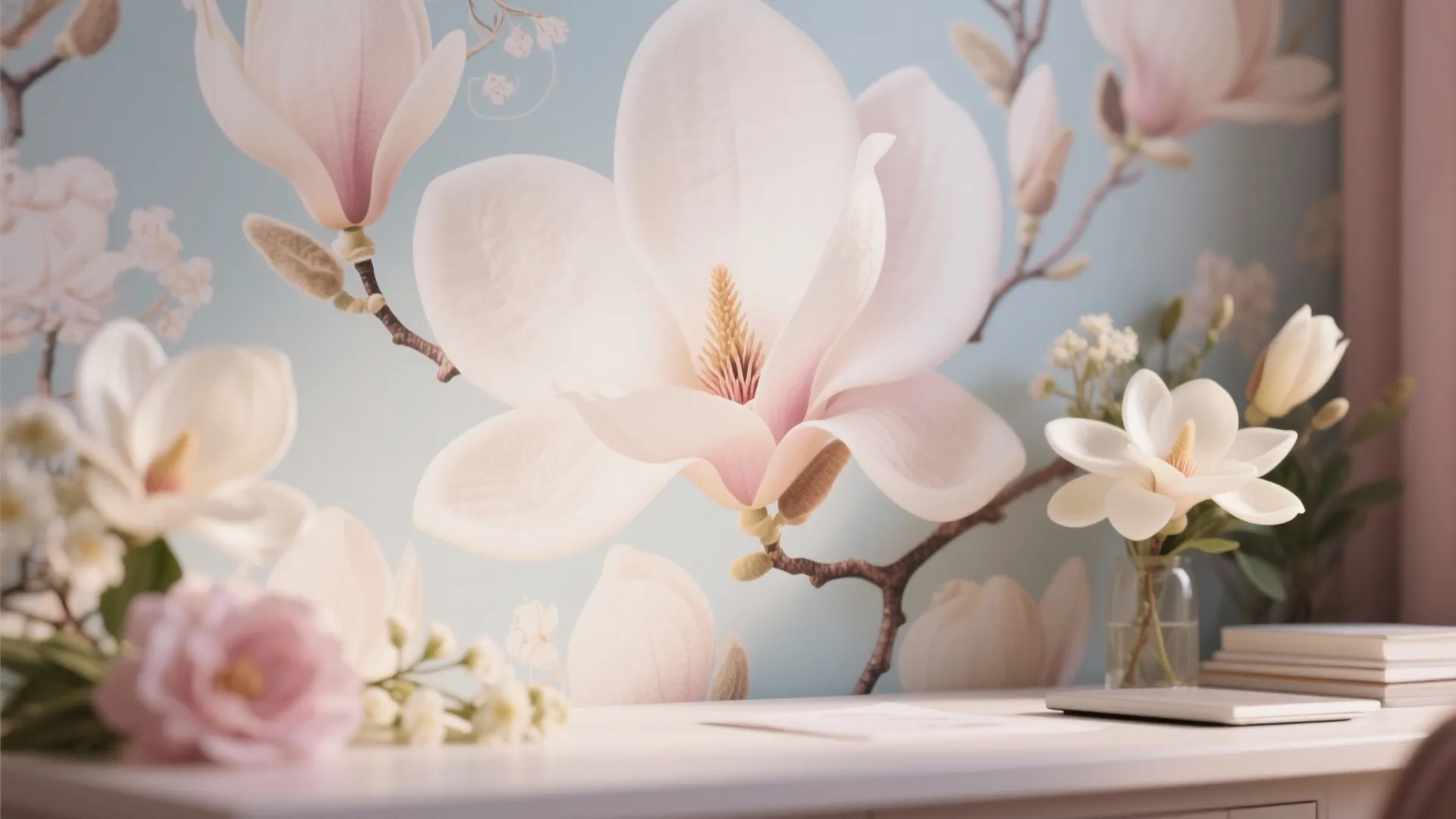 Close up of floral wallpaper with white flowers on blue background above a white desk surface