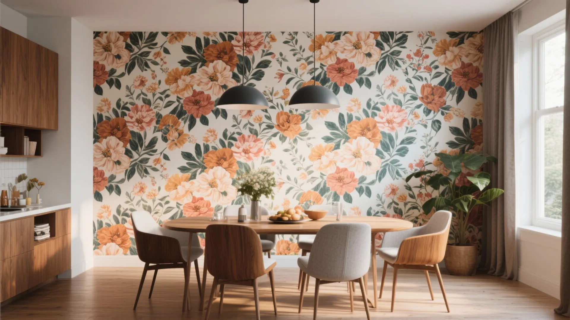 Modern dining area featuring a large floral pattern wallpaper with orange and white flower designs